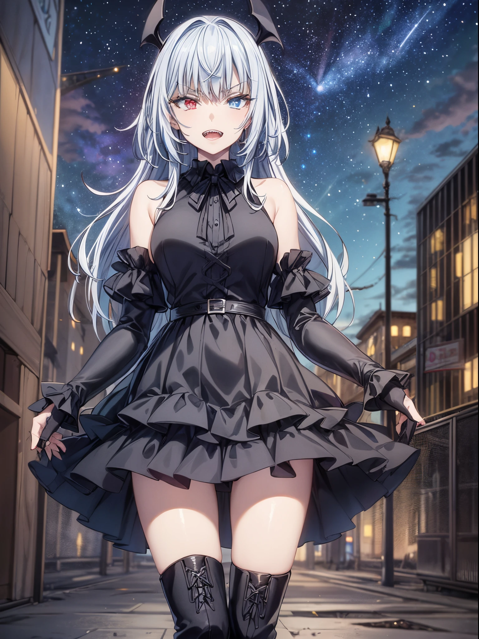 1 girl, (Ruminas de tensei shitara slime datta ken), silver hair, (((heterochromatic eyes shine a deep sky blue and light red))), very beautiful, (((two canine teeth ))) , ((( vampire teeth))), (right iris bright red), (left iris bright blue), gothic dress, (in the destroyed city with starry sky and moon full of blood), wearing black ankle-length high-heeled boots, ( wearing a black ribbon tied on the right side of the head), standing, eye reflection, glowing eyes, bad mood, anime, anime style, ray tracing, cinematic lighting, panorama, Sony FE, UHD, UHD, masterpiece, accurate, textured skin, super detail, high details, best quality, high resolution, 16k