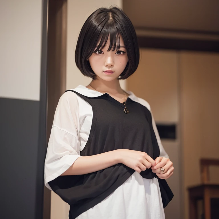 1girl in, 20yr old, gradient, up looking_で_viewer, Black_hair, Solo by JM, Yoshiko Akishino, Shorthair