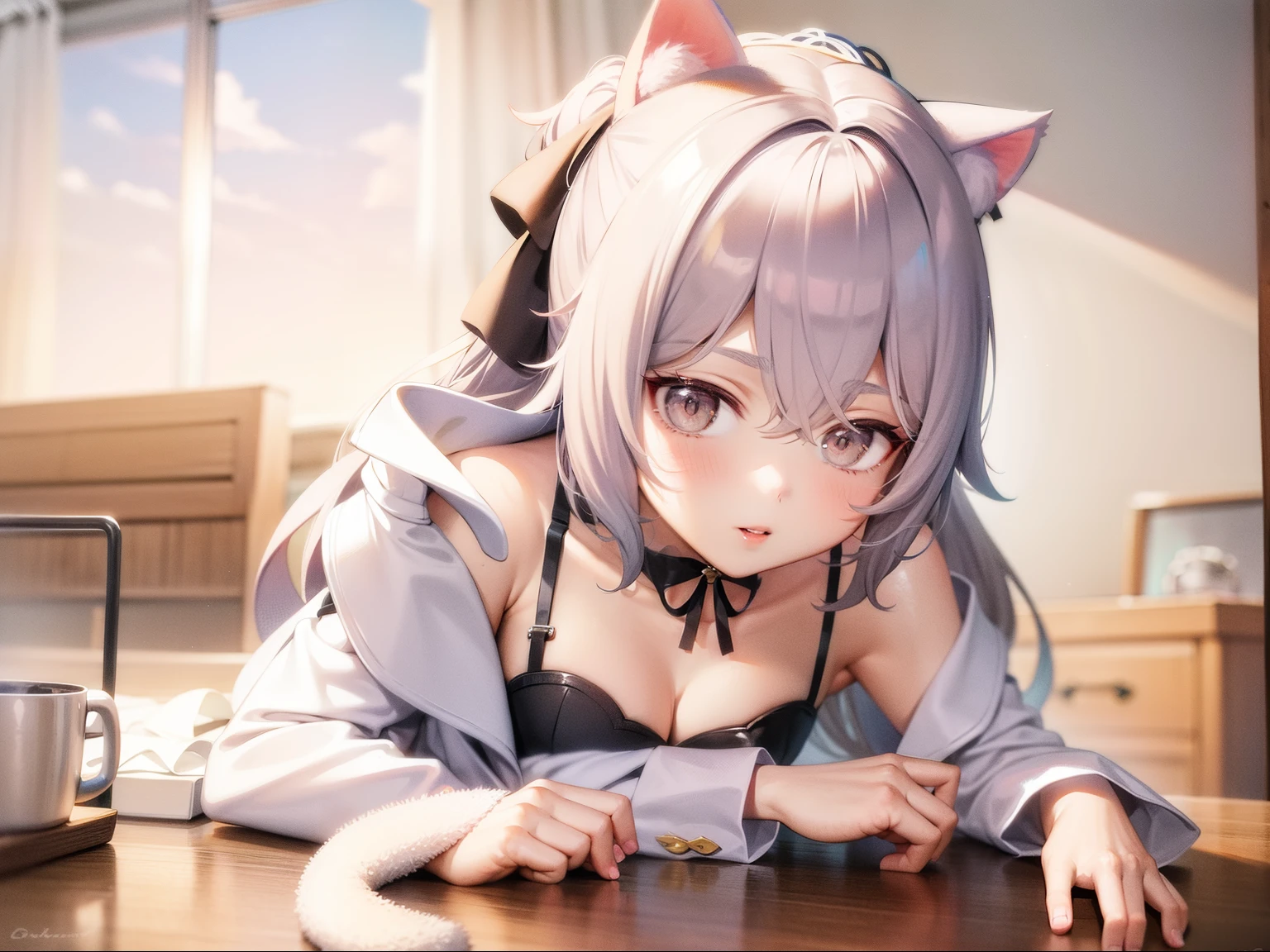 Silver hair, pink eyes, body, cat ears,girl, earrings,hair bows,hair charms,dress, on knees