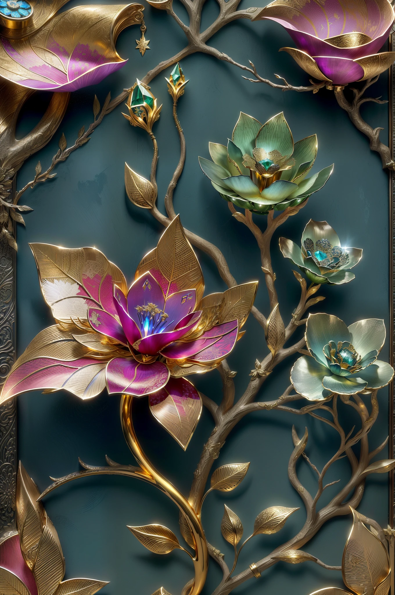 tmasterpiece,8K,high definition resolution,high high quality,There is a metal flower tree sculpture,hollow out,it has flowers and leaves on it, Decorative style, Detailed golden brush strokes, metal art, Gold and steel are complicated, Ultra-fine line decoration, with intricate detail, with intricate detail, sun light, be full of details, Stunningly detailed, Intricate art deco leaf design, gold flowers, metalworking, Alloy stranded wire crafts,The details are complicated,gold flowers,Iron flower,Silver flower,metal tree branch,a crystal pendant,Emerald inlay,Carefully crafted,Perfect craftsmanship,Magic lightning background,blue lightning,There is a model,ultra-realistic realism,beautiful magic fantasy,Epic Magic Digital Art,epic metal craftsmanship,Epic metal fantasy,Epic industrial texture,Post-industrial heavy metal style