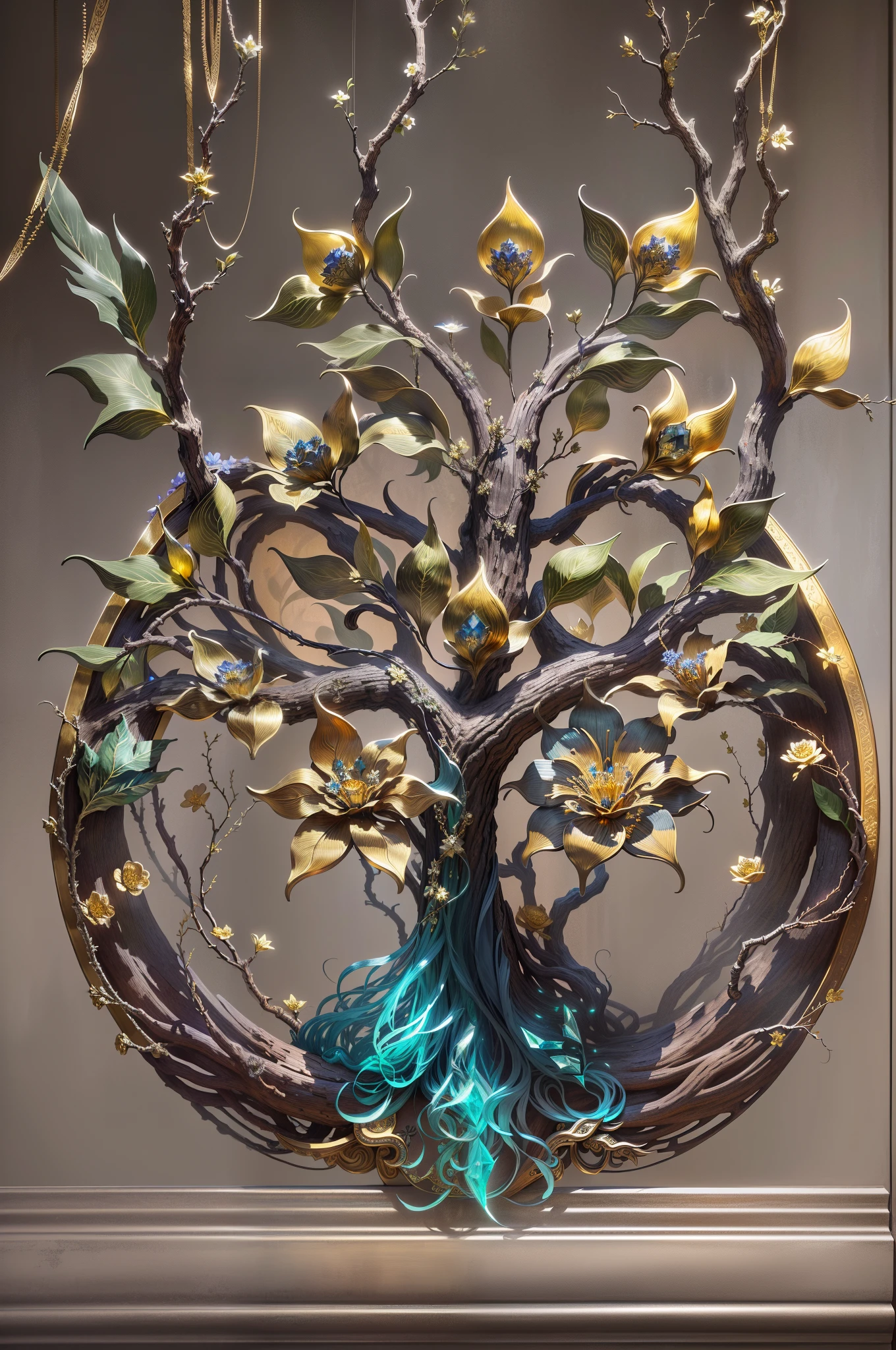 tmasterpiece,8K,high definition resolution,high high quality,There is a metal flower tree sculpture,hollow out,it has flowers and leaves on it, Decorative style, Detailed golden brush strokes, metal art, Gold and steel are complicated, Ultra-fine line decoration, with intricate detail, with intricate detail, sun light, be full of details, Stunningly detailed, Intricate art deco leaf design, gold flowers, metalworking, Alloy stranded wire crafts,The details are complicated,gold flowers,Iron flower,Silver flower,metal tree branch,a crystal pendant,Emerald inlay,Carefully crafted,Perfect craftsmanship,Magic lightning background,blue lightning,There is a model,ultra-realistic realism,beautiful magic fantasy,Epic Magic Digital Art,epic metal craftsmanship,Epic metal fantasy,Epic industrial texture,Post-industrial heavy metal style