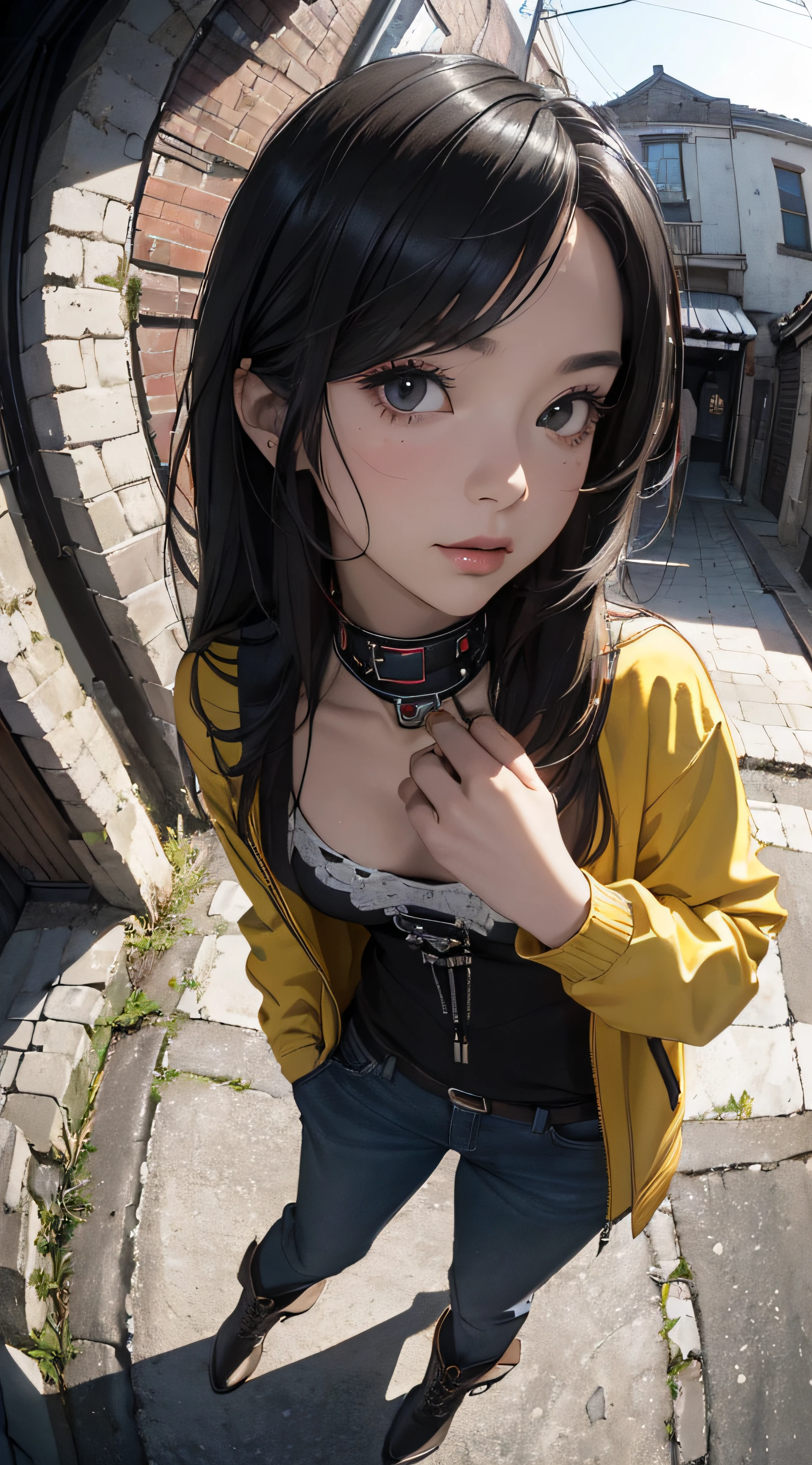 (((8k wallpaper of extremely detailed CG unit:1.2, ​masterpiece, hight resolution:1.2, top-quality:1.2, masutepiece))), ((a very beautiful woman, Hands in pockets:1.8, sitting in a bench:1.3, Street fashion:1.3, Wearing a jacket:1.3, Wearing boots)), ((extra detailed face, Highly detailed black eyes, extra detailed body, Top quality real texture skins)), (A dark-haired:1.2, straight haired:1.2, The long-haired, de pele branca), ((natta:1.2, neons:1.2, Back alley, stairway)), (high-angle:1.1, a closeup, Fisheye:1.4), hyper realisitic, digitial painting,
