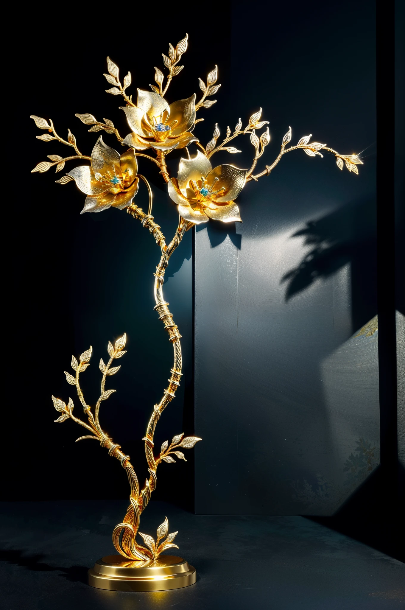 tmasterpiece，8K,high definition resolution，high high quality，There is a metal flower tree sculpture，hollow out，it has flowers and leaves on it, Decorative style, Detailed golden brush strokes, metal art, Gold and steel are complicated, Ultra-fine line decoration, with intricate detail, with intricate detail, sun light, be full of details, Stunningly detailed, Intricate art deco leaf design, gold flowers, metalworking, Alloy stranded wire crafts，The details are complicated，gold flowers，Iron flower，Silver flower，metal tree branch，a crystal pendant，Emerald inlay，Carefully crafted，Perfect craftsmanship，Magic lightning background，blue lightning，There are fairies，ultra-realistic realism，beautiful magic fantasy，Epic Magic Digital Art，epic metal craftsmanship，Epic metal fantasy，Epic industrial texture，Post-industrial heavy metal style
