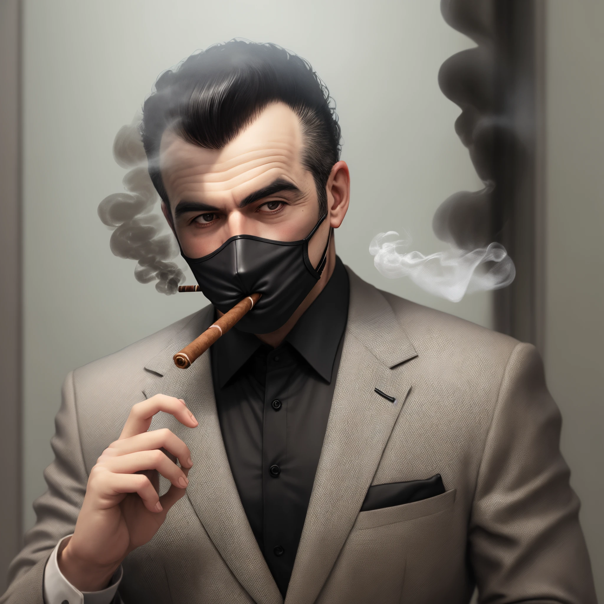 Make an image of uh mobster smoking uh cigar and with a black stain covering his face