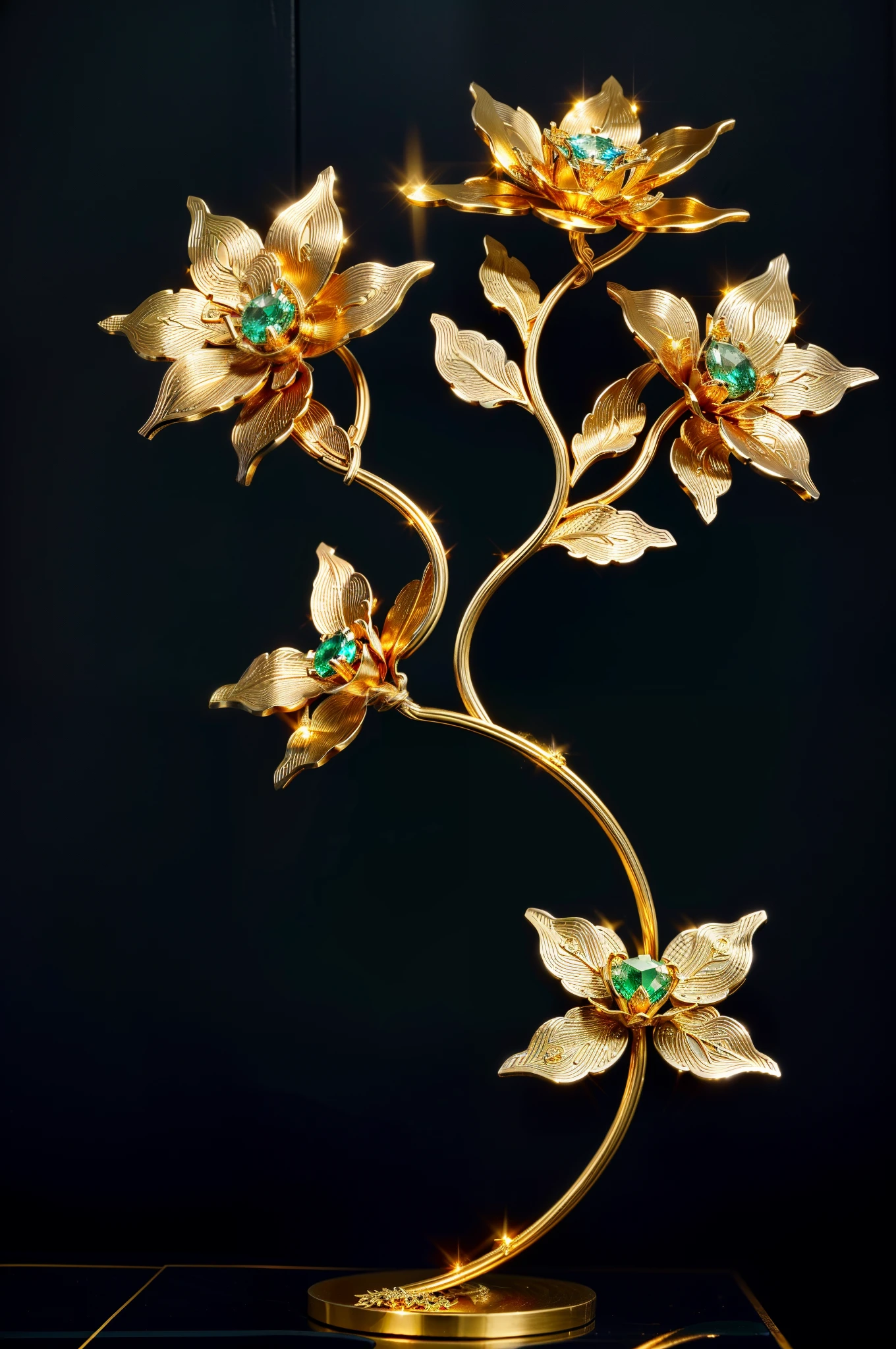 tmasterpiece,8K,high definition resolution,high high quality,There is a metal flower tree sculpture,hollow out,it has flowers and leaves on it, Decorative style, Detailed golden brush strokes, metal art, Gold and steel are complicated, Ultra-fine line decoration, with intricate detail, with intricate detail, sun light, be full of details, Stunningly detailed, Intricate art deco leaf design, gold flowers, metalworking, Crafts made from alloy stranded wire,The details are complex,gold flowers,Iron flower,Silver flower,metal tree branch,a crystal pendant,Emerald inlay,well-built,Perfect craftsmanship,Magic lightning background,blue lightning,There are fairies,ultra-realistic realism,beautiful magic fantasy,Epic Magic Digital Art,epic metal craftsmanship,Epic metal fantasy,Epic industrial texture,Post-industrial heavy metal style
