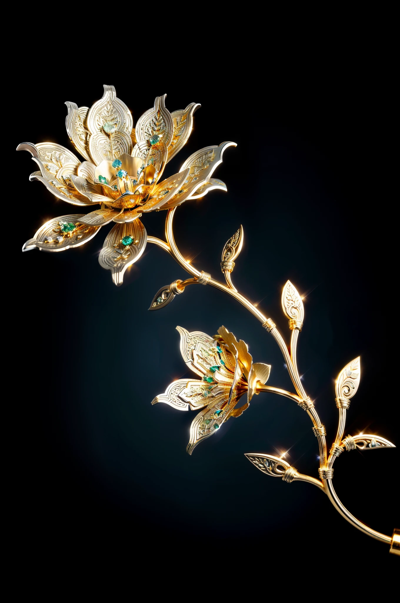 tmasterpiece,8K,high definition resolution,high high quality,There is a metal flower tree sculpture,hollow out,it has flowers and leaves on it, Decorative style, Detailed golden brush strokes, metal art, Gold and steel are complicated, Ultra-fine line decoration, with intricate detail, with intricate detail, sun light, be full of details, Stunningly detailed, Intricate art deco leaf design, gold flowers, metalworking, Crafts made from alloy stranded wire,The details are complex,gold flowers,Iron flower,Silver flower,metal tree branch,a crystal pendant,Emerald inlay,well-built,Perfect craftsmanship,Magic lightning background,blue lightning,There are fairies,ultra-realistic realism,beautiful magic fantasy,Epic Magic Digital Art,epic metal craftsmanship,Epic metal fantasy,Epic industrial texture,Post-industrial heavy metal style