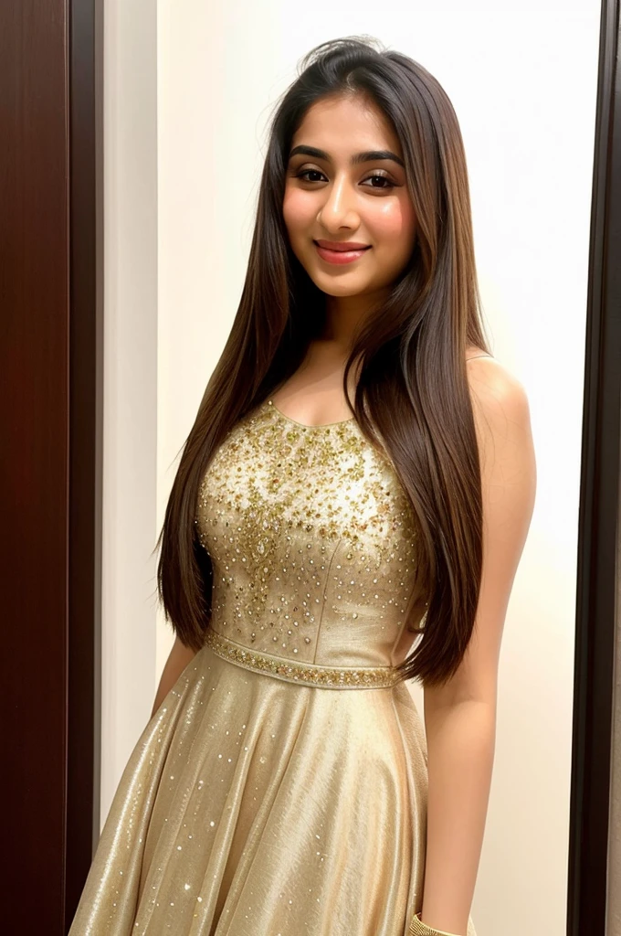 Instagram photo, 14 years old girl named reema khan, wearing designer backless dress, closeup photo taken on iphone 15, perfect body, looking at viewer, is in cozy party, slight smile, bokeh