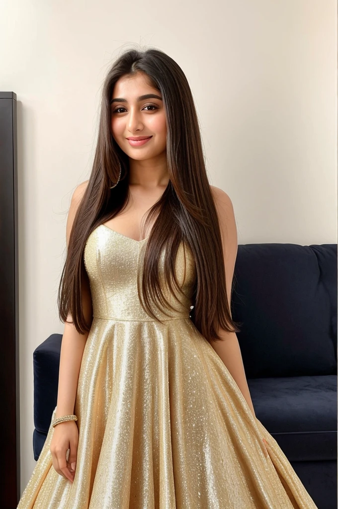 Instagram photo, girl named reema khan, wearing designer backless dress, closeup photo taken on iphone 15, perfect body, looking at viewer, is in cozy party, slight smile, bokeh, long straight hair