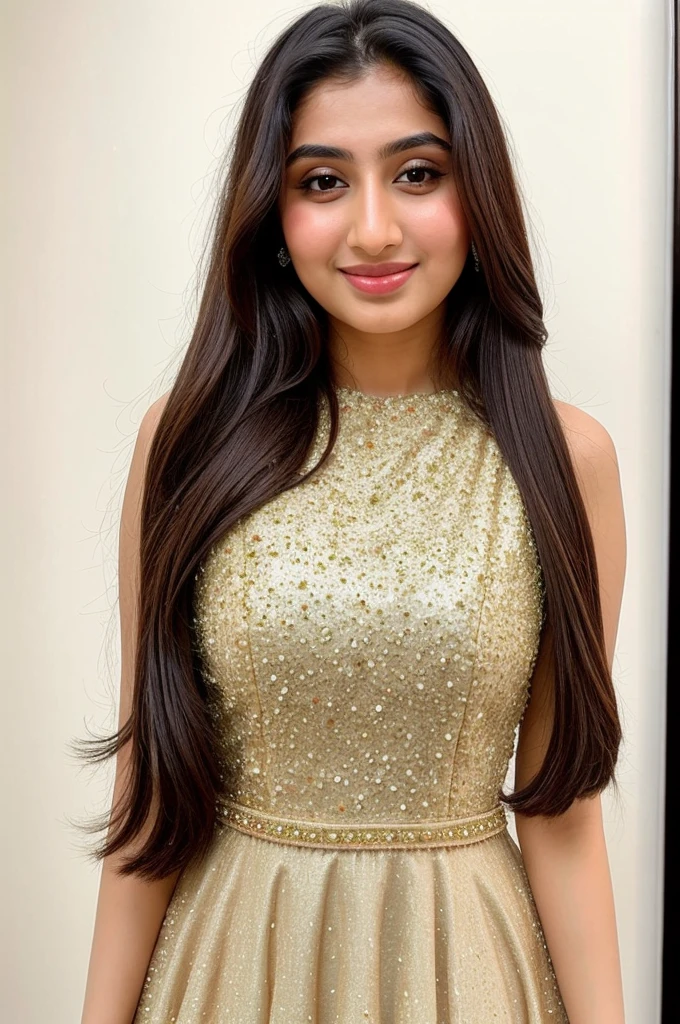 Instagram photo, 14 years old girl named reema khan, wearing designer backless dress, closeup photo taken on iphone 15, perfect body, looking at viewer, is in cozy party, slight smile, bokeh, long straight hair