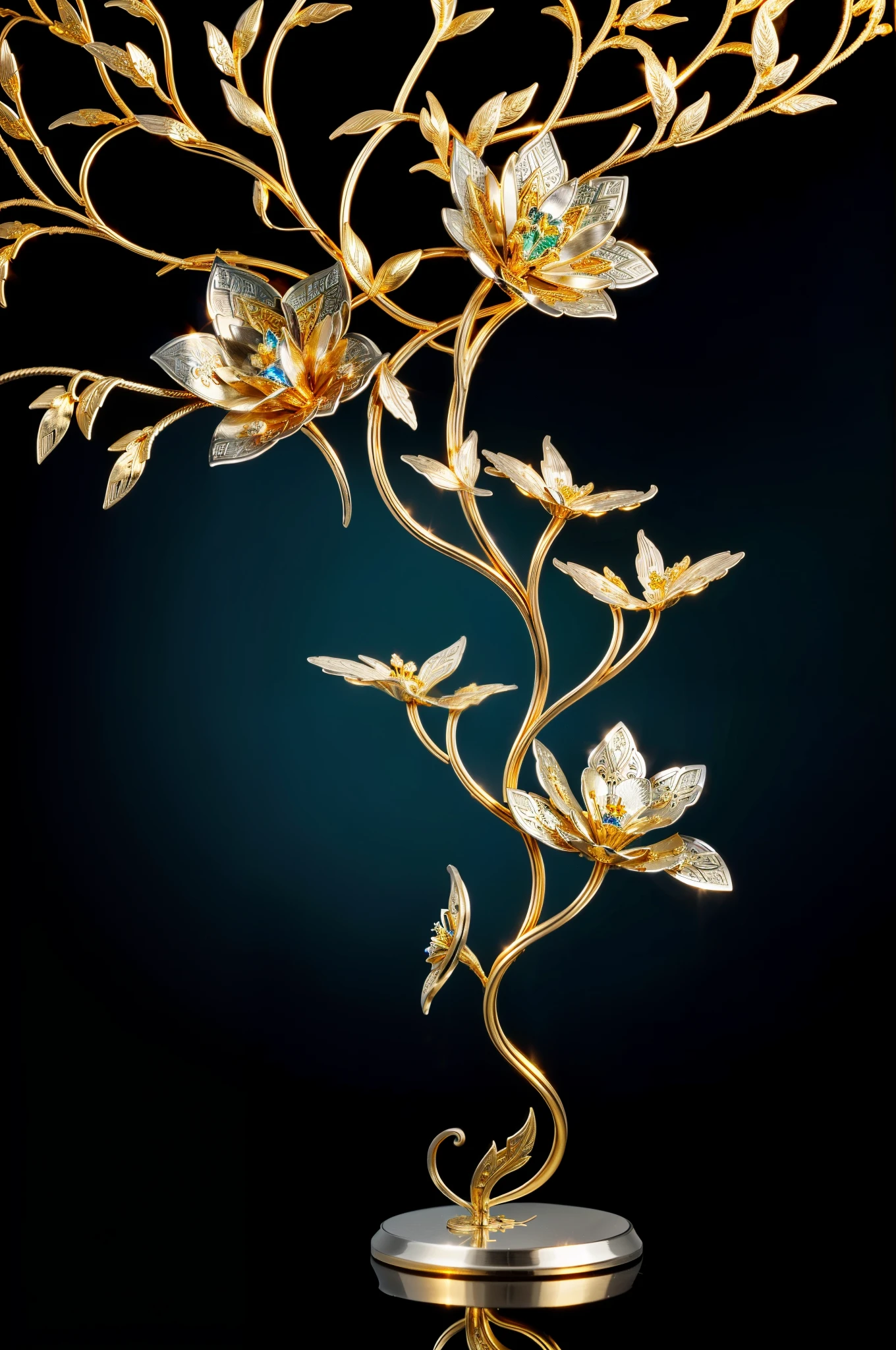 tmasterpiece,8K,high definition resolution,high high quality,There is a metal flower tree sculpture,hollow out,it has flowers and leaves on it, Decorative style, Detailed golden brush strokes, metal art, Gold and steel are complicated, Ultra-fine line decoration, with intricate detail, with intricate detail, sun light, be full of details, Stunningly detailed, Intricate art deco leaf design, gold flowers, metalworking, Crafts made from alloy stranded wire,The details are complex,gold flowers,Iron flower,Silver flower,metal tree branch,a crystal pendant,Emerald inlay,well-built,Perfect craftsmanship,Magic lightning background,blue lightning,There are fairies,ultra-realistic realism,beautiful magic fantasy,Epic Magic Digital Art,epic metal craftsmanship,Epic metal fantasy,Epic industrial texture,Post-industrial heavy metal style