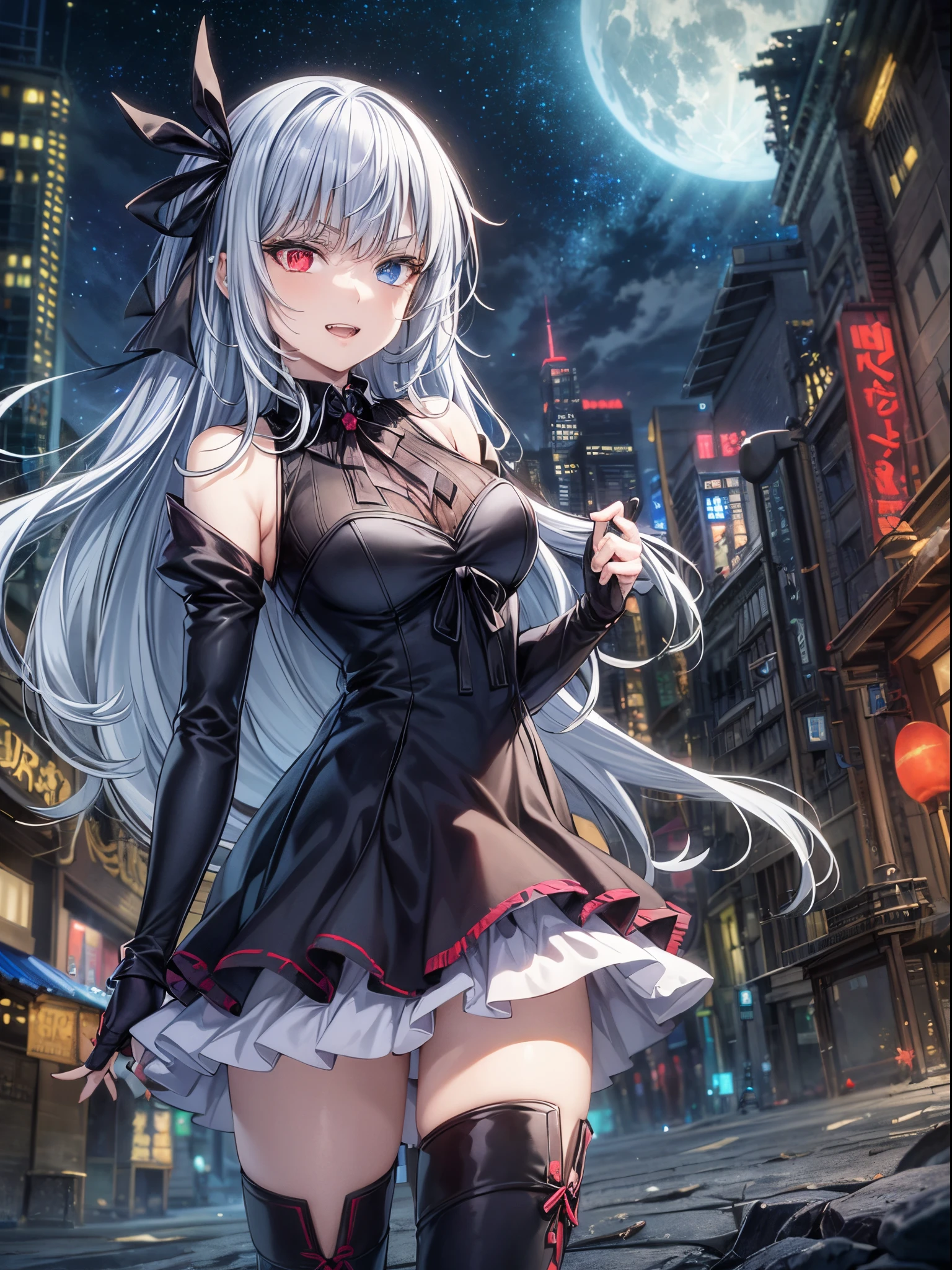 (1 adult girl), (Ruminas of tensei shitara slime datta ken), silver hair, (((heterochromatic eyes shine deep sky blue and light red))), very beautiful, (((two canine teeth))) , (((vampire teeth))), (right iris bright red), (left iris bright blue), gothic dress, (in the destroyed city with starry sky and moon full of blood), wearing black high-heeled boots to the ankle, (wearing a black ribbon tied on the right side of the head), standing, eye reflection, glowing eyes, bad mood, anime, anime style, ray tracing, cinematic lighting, panorama, Sony FE, UHD, UHD, artwork -raw, accurate, textured skin, super detail, high details, best quality, high resolution, 16k