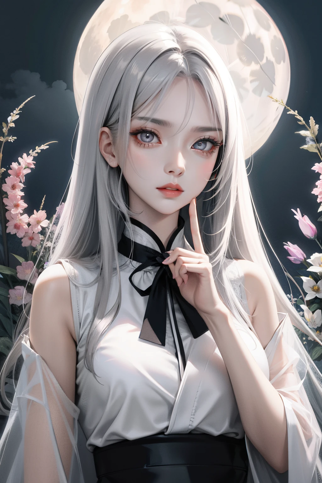 Masterpiece Best Night Full Moon 1 Female Mature Female Elder Sister Yu Sister Cold Face Expressionless Silver White Long Hair Woman Light Pink Lips Calm Intellectual Three Bands Gray Eyes Assassin Short Knife, Flowers, Hand Details, Finger Details,