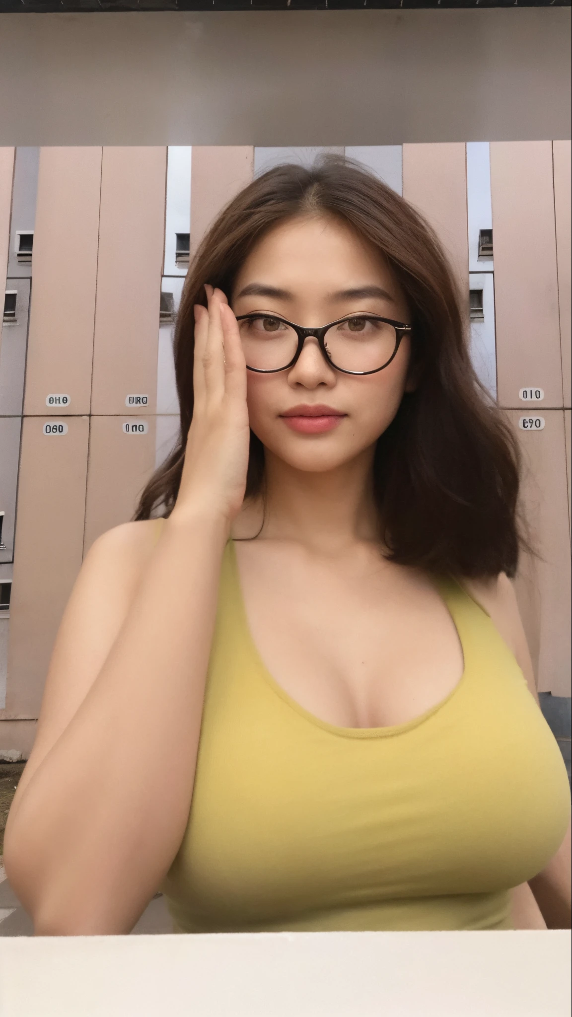 1girl,BBW, nobody hill,low angle view,wear glasses,Hiking girl in sport bra and yoga pant in Corridor back home,indoor, solo,low angle,looking at viewer,closeup, smile, brown hair, shirt, black hair, jewelry, oilly skin, necklace, hand bag ,lips, hot, sweat, (nsft:1.5) shirt,realistic,huge breast,loose breast cleavage,(((open shoulder))),nipplies,