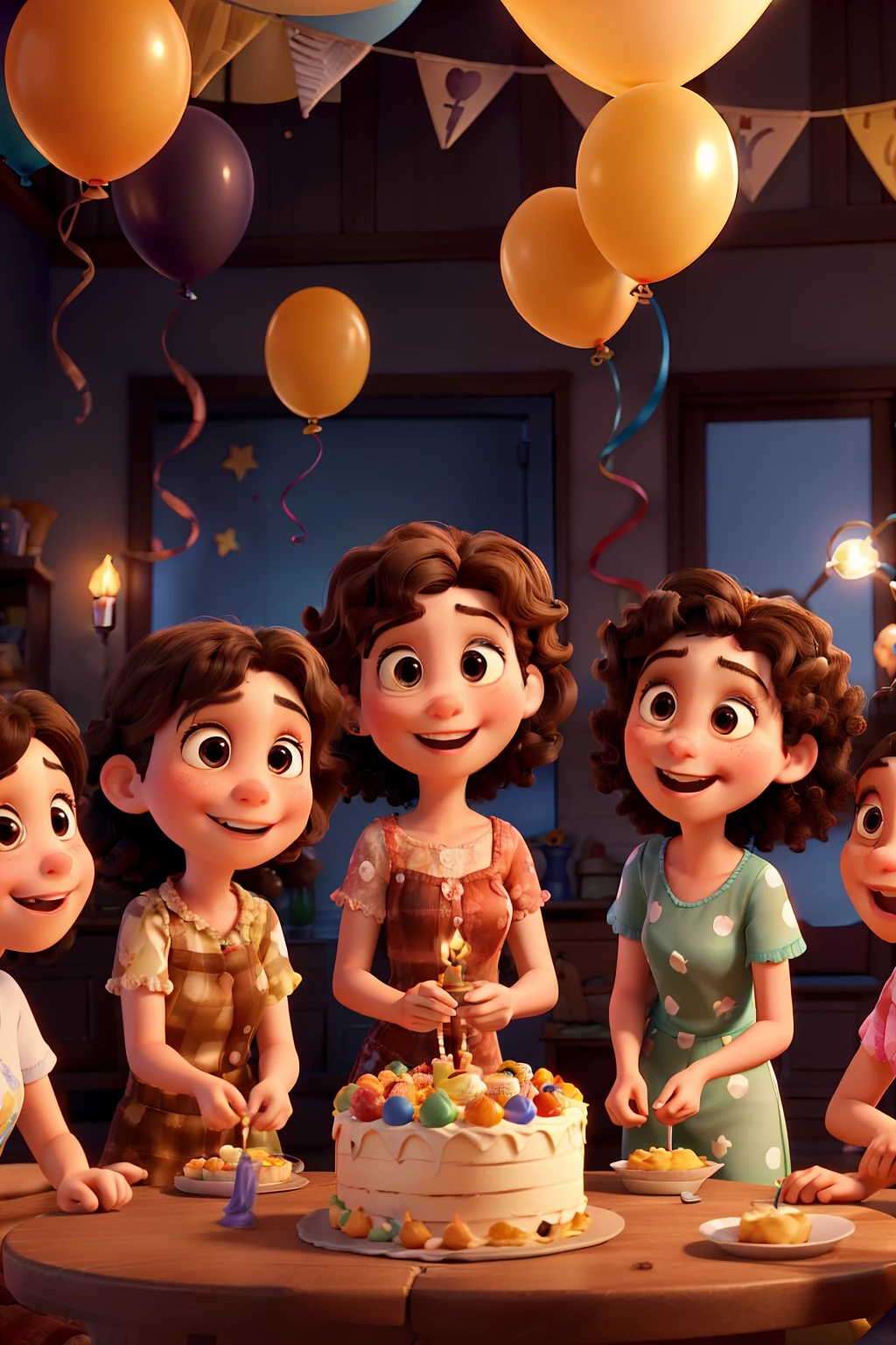 Pixar animation of five young women celebrating a birthday party with cake with candles and balloons. The first woman has short dark brown hair. The second has long wavy dark brown hair. The third has short straight light brown hair. The fourth has curly black hair. The fifth has curly light brown hair with highlights.