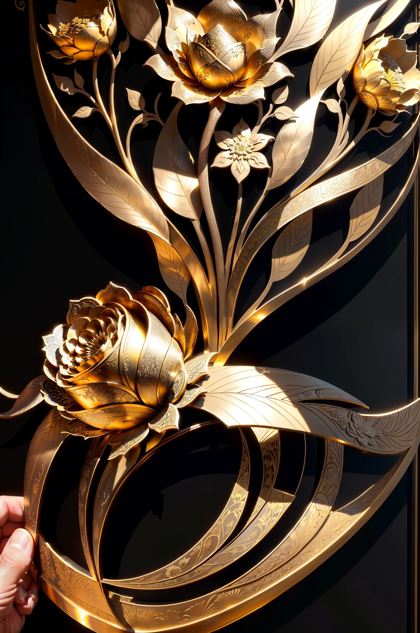 There is a metal flower tree sculpture，hollowed out，it has flowers and leaves on it, Decorative style, Detailed golden brush strokes, metal art, Gold and steel are complicated, Ultra-fine line decoration, with intricate detail, with intricate detail, sun light, be full of details, Wall of art, Stunningly detailed, Intricate art deco leaf design, gold flowers, metalworking, with intricate detail