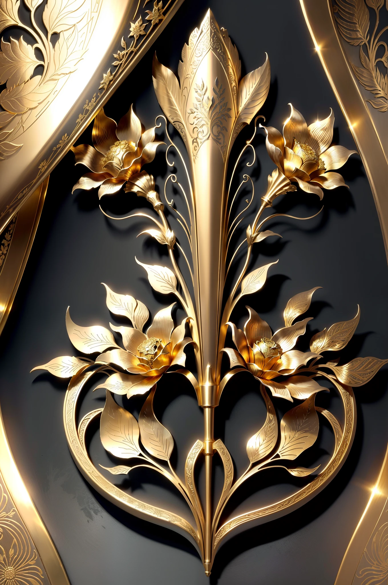 There is a metal flower tree sculpture,hollowed out,it has flowers and leaves on it, Decorative style, Detailed golden brush strokes, metal art, Gold and steel are complicated, Ultra-fine line decoration, with intricate detail, with intricate detail, sun light, be full of details, Wall of art, Stunningly detailed, Intricate art deco leaf design, gold flowers, metalworking, with intricate detail
