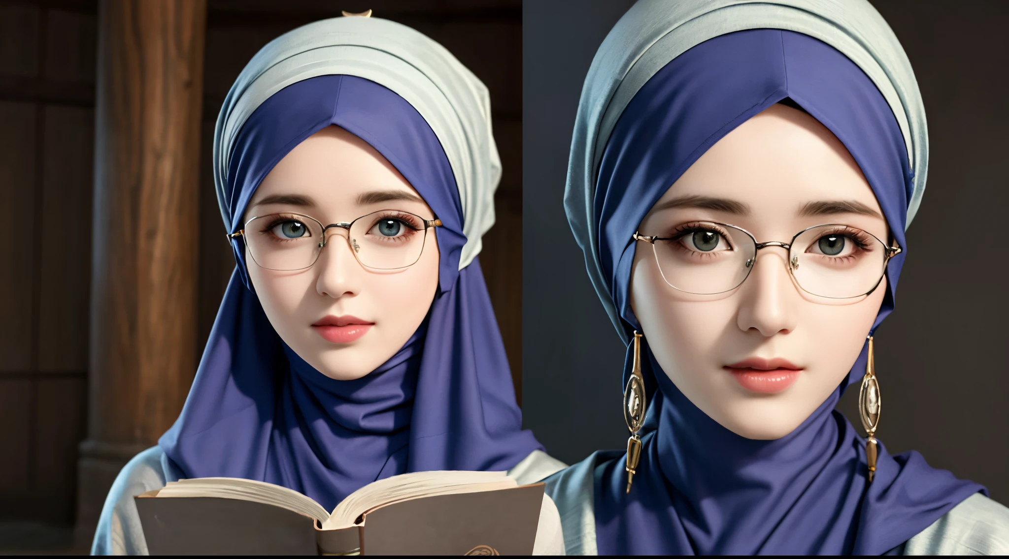 1girl, beautiful face, high detailed realistic eyes, double eyelids, high detailed realistic pupils, upon body from head to waist, wearing hijab, moslem headscarf