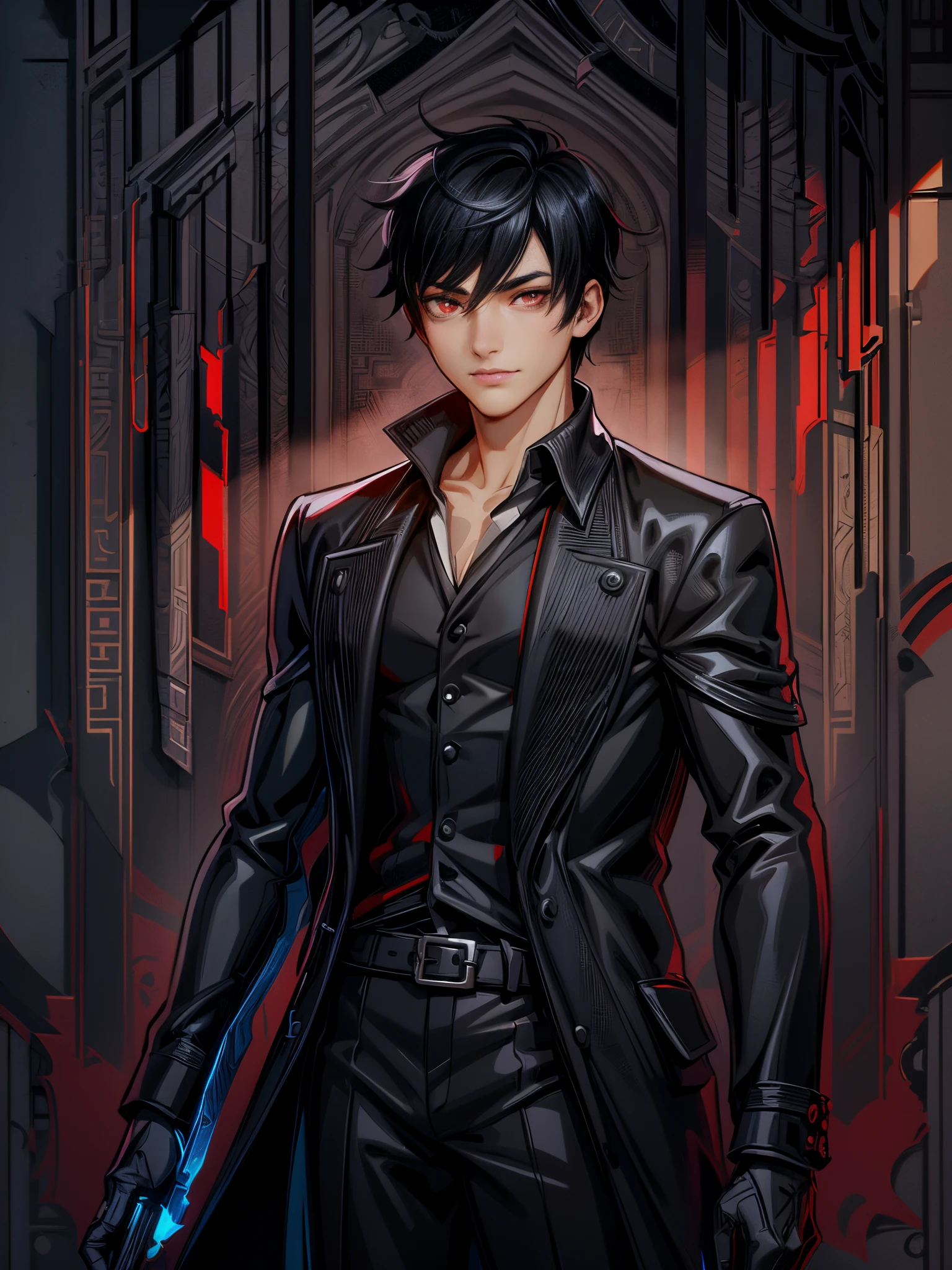 anime style illustration of a guy with (black hair) and (red eyes) (luxurious black suit), (a medieval sword at the waist), whimsical, JRPG, charming, emotionally, detailed environment, fantastic, imaginative, visually rich, atmospheric, enlarged, flat lighting, 2d, cartoon, vector, art by MSchiffer, best quality, best resolution