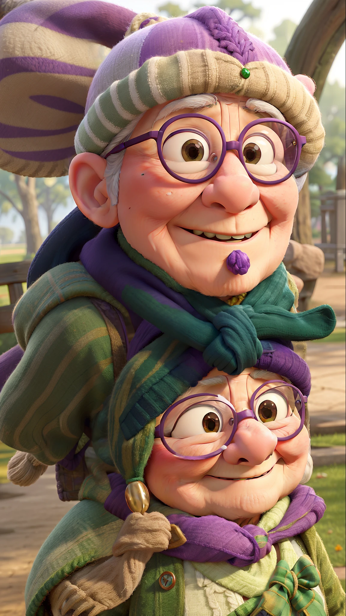 masterpiece, best quality, an old woman with glasses and a scarf on, wearing a purple coat and green scarf, standing at the park