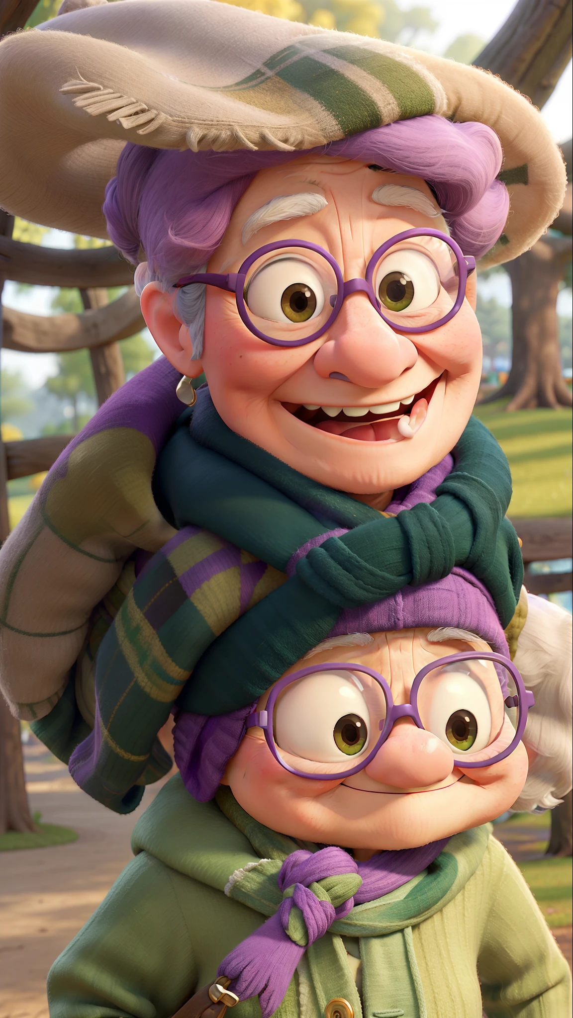 masterpiece, best quality, an old woman with glasses and a scarf on, wearing a purple coat and green scarf, standing at the park