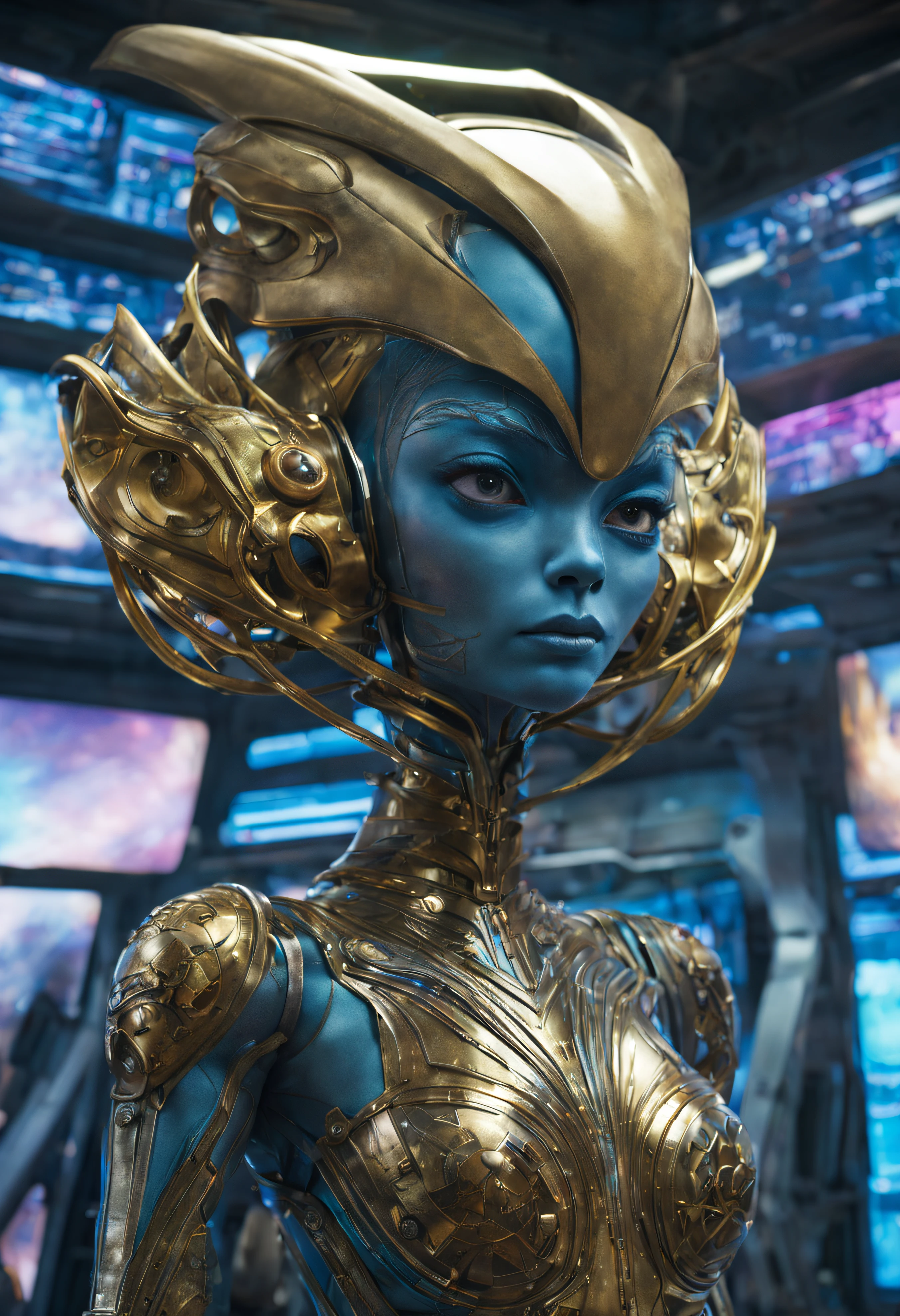 (cuerpo completo), extraterrestrial alien female similar to Lihö-Minaa princess of the people of the planet mül from Valerian and the city of a thousand planets ,vestida de traje de noche corto, engarzado con oro refulgente, priedras preciosas de colores y diamantes, (se encuentra en centro de control de estacion espacial),detalles intrincados de la maquina de alta calidad), estilo cinematografico, nitidez absoluta, imagen 8k.(obra maestra).fondos de pantalla, ultra detallado.