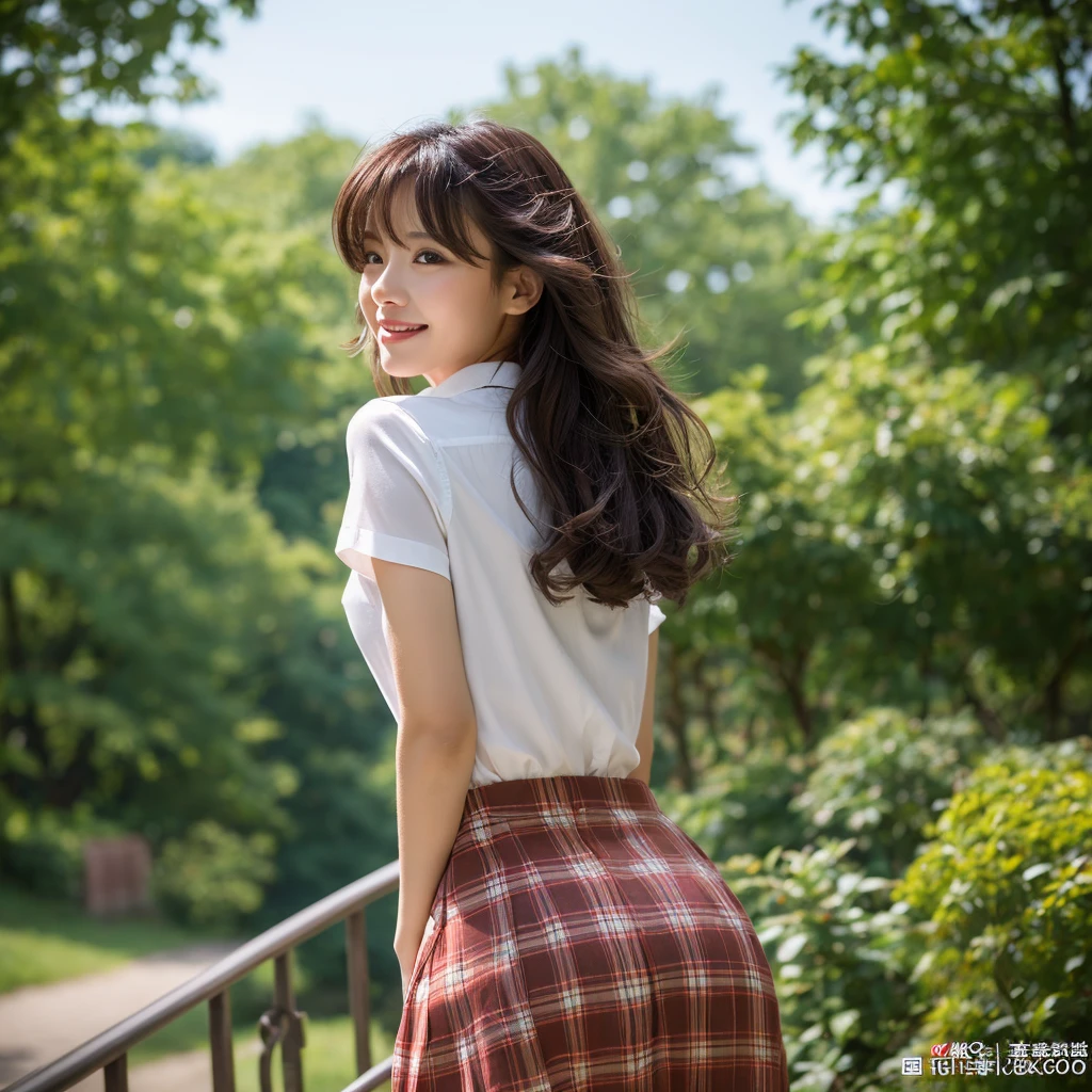 NSFW, 8k RAW photo, top-quality, masterpiece, 超A high resolution, film grains, filmg, 1girl in,20yr old,looking at the viewers, natural skin textures, realistic eyes and face details, Full lips, lipsticks, (makeup), Red Eye Shadow, hair messy, A smile, closes mouth, Beautiful legs, Tall lady, skiny, slim_Legs, 独奏, huge-breasted, cleavage of the breast, Pose with your buttocks facing you, Ultra short skirt, buttock, The shirt, Beautiful natural places, Around the position of the flower, (细致背景), plaid skirts, white shirt, huge-breasted, cleavage of the breast, Show a little cleavage through the shirt, lowfers, blurry backround, bblurry, ngel, Plaid, shortsleeves, JK ribbon on neck, JK Ribbon, brown haired, A bracelet, Eau, bangss, 校服, jewely, cparted lips, s lips, From the side, pleatedskirt, depth of fields