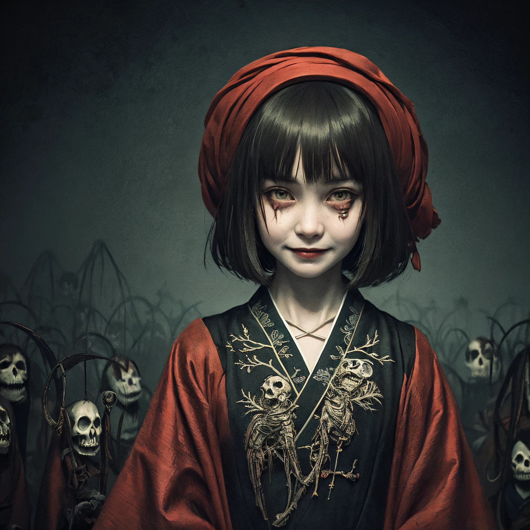 (Best Quality,Ultra-detailed,macabre smile,creepy atmosphera),1girl in,Short Bob Haircuts,Cute kimono,Around ,Like a character in a nursery rhyme,dark backgrounds,Hyper-detailing,,(((illustratio))),Cobweb,Obake,youkai,Magical atmosphere,