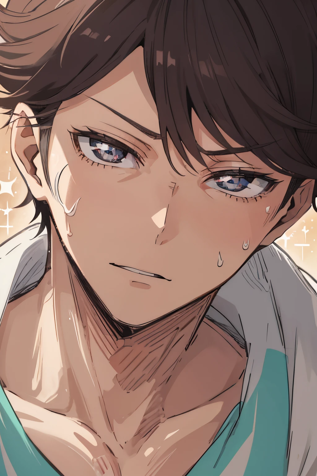 oikawa tooru,shirtless, perfect detailed face, sparkling eyes, detailed shading, sweaty, upper body