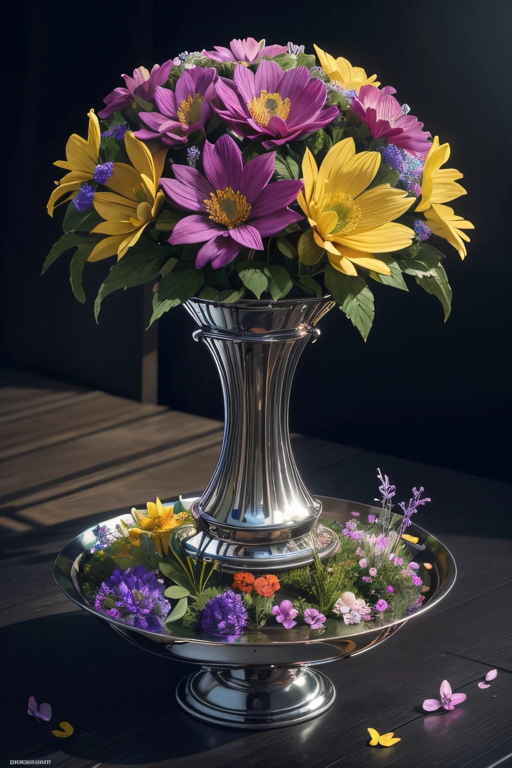 (best quality,4k,8k,highres,masterpiece:1.2),ultra-detailed,(realistic,photorealistic,photo-realistic:1.37),metal flowers,shiny metallic petals,delicate metal craftsmanship,polished,highly reflective surfaces,artificial garden,blossoming metal blooms,contrasting colors,artistic interpretation,concept artists,soft sunlight,subtle shadows,meticulously designed,Dutch Masters style lighting,bright and vibrant colors,precise details,finely textured,impressive depth,unique and fascinating,Dali-inspired distortion,ethereal atmosphere,harmony and balance,artistic flowers emerging from an industrial landscape,mix of organic and inorganic forms,dainty flower buds,unusual hybrid botanical creations,surprising textures and patterns,unexpected beauty,marvelous metalwork,vivid and surreal,sculptural floral arrangements,imagination brought to life,dreamlike ambiance,enchanting and otherworldly.