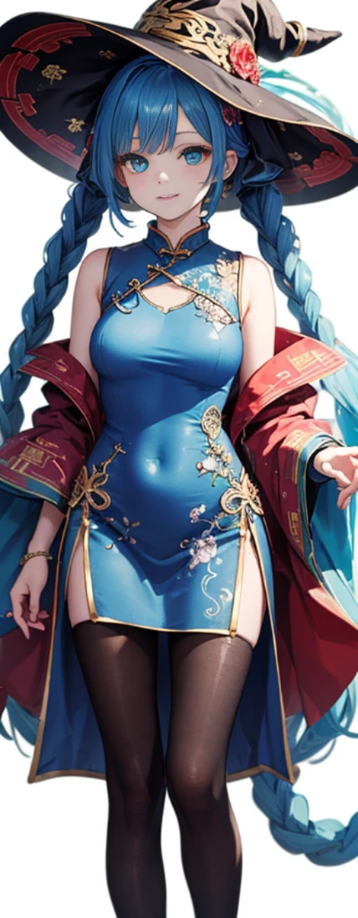 (fully body photo),Fluorescent background,(1 Witch,Flash fluorescence,Hats,Transparent tulle cheongsam,Delicate tiara,ssmile),(paper art,Quilted paper art,geometry),(Lots of colors,Best quality at best,high detal,tmasterpiece,movie light effect,4K,lightand shade contrast),Blue transparent tulle cheongsam,pigtails,Red knee-length socks,luminous totem,eBlue eyes,green hair and big breasts,long braid,