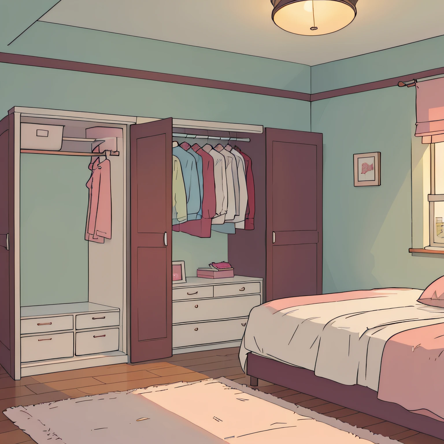 There is a comfortable bedroom with a bed,Girls' room,The main point of view is the wardrobe in the room,an open wardrobe