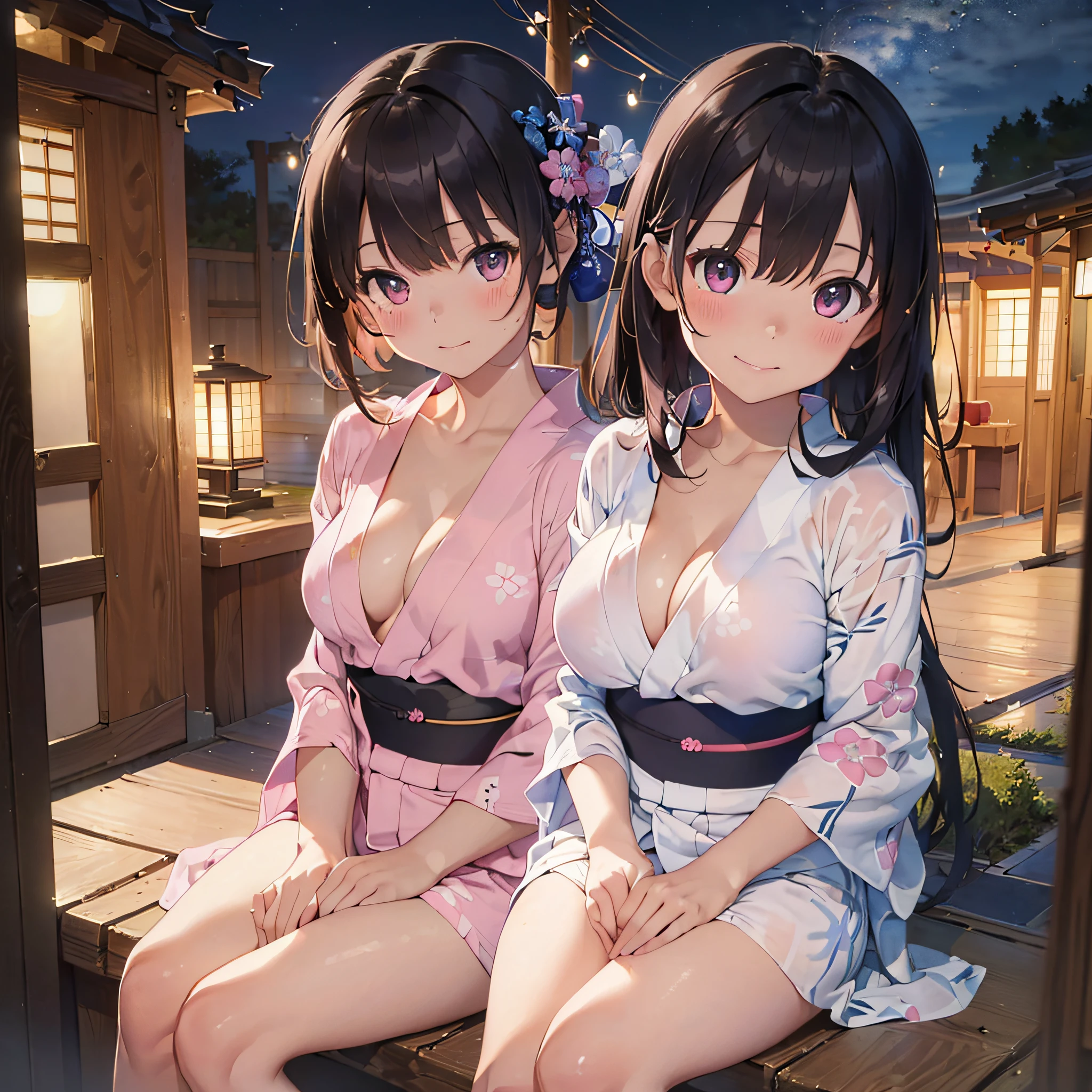 (masterpiece:2.0), (top-quality:2.0), (sitting naked:1.5), (extremely mini skirt extremely small pink yukata:1.5), (super thin fabric:1.5), (sexypose:1.5), (blushed face:1.3), (barechested:1.3), (realistic:1.5), 1 , precise hands, Embarrassed look, light smile, Look at me and smile, extremely cute girl, innocent face, young face, Clear eyes, Shining eyes, small breast, (cleavage of the breast is visible:1.5), (the thighs is visible:1.5), The crotch is visible, No pubic hair, full body, The beautiful skin, ultra-definition, Top resolution, japan high school student, brown hair, at the night festival