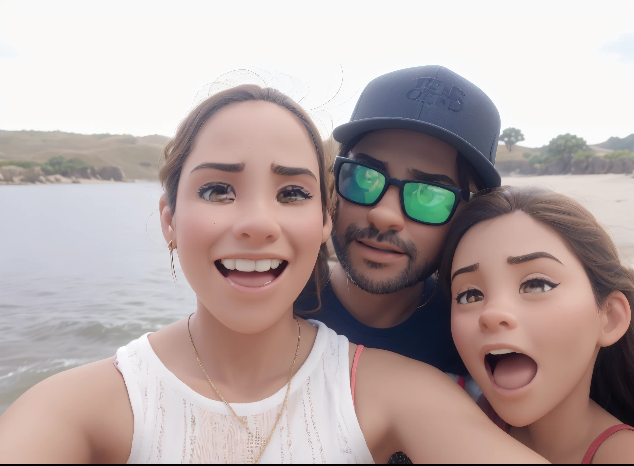 An illustration of an adorable couple, Destacando a un hombre y una mujer con hermosos, Ojos expresivos: la piel del hombre es morena clara y gorra negra con anteojos oscuros, while the woman's skin is light and the woman's hair is straight and brown. And a girl with expressive brown eyes, light skin and straight brown hair, su lengua afuera. En un paisaje de playa, Cada uno con una sonrisa en la cara, y compartir un momento especial caracterizado por amor. Illustrate this scene from a perspective where they are looking towards the camera, Show your connection. Desarrolla este arte en Full HD, Focus on your cinematic touch, Estilo de animaciones de Disney Pixar