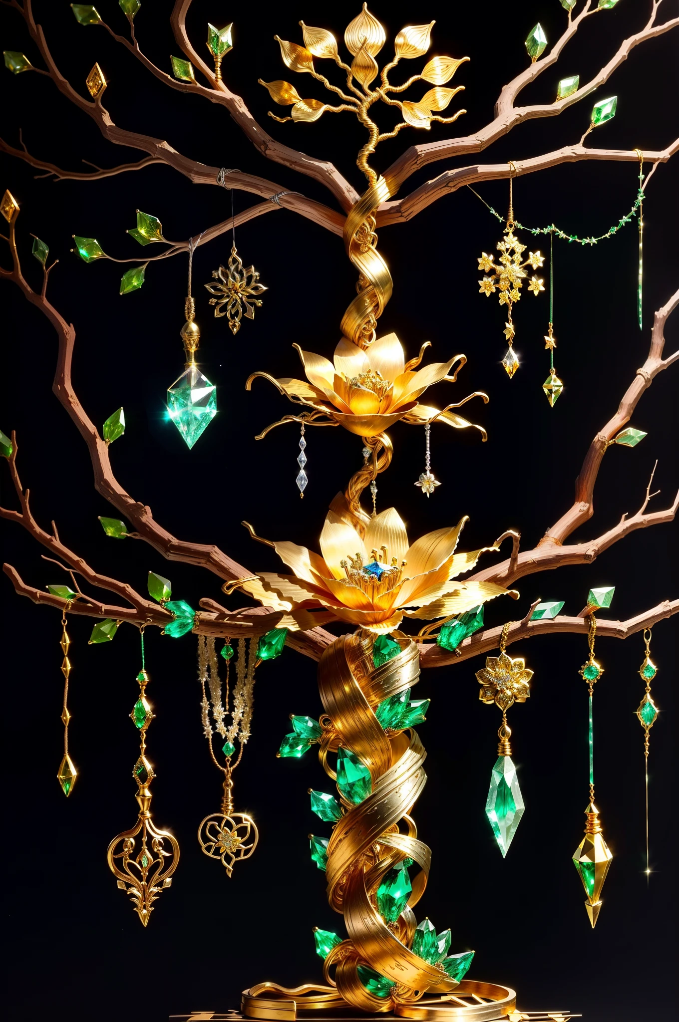 Crafts made from twisted gold wire,gold flowers,Iron flower,Silver flower,metal tree branch,a crystal pendant,Emerald setting,well-built,Perfect craftsmanship