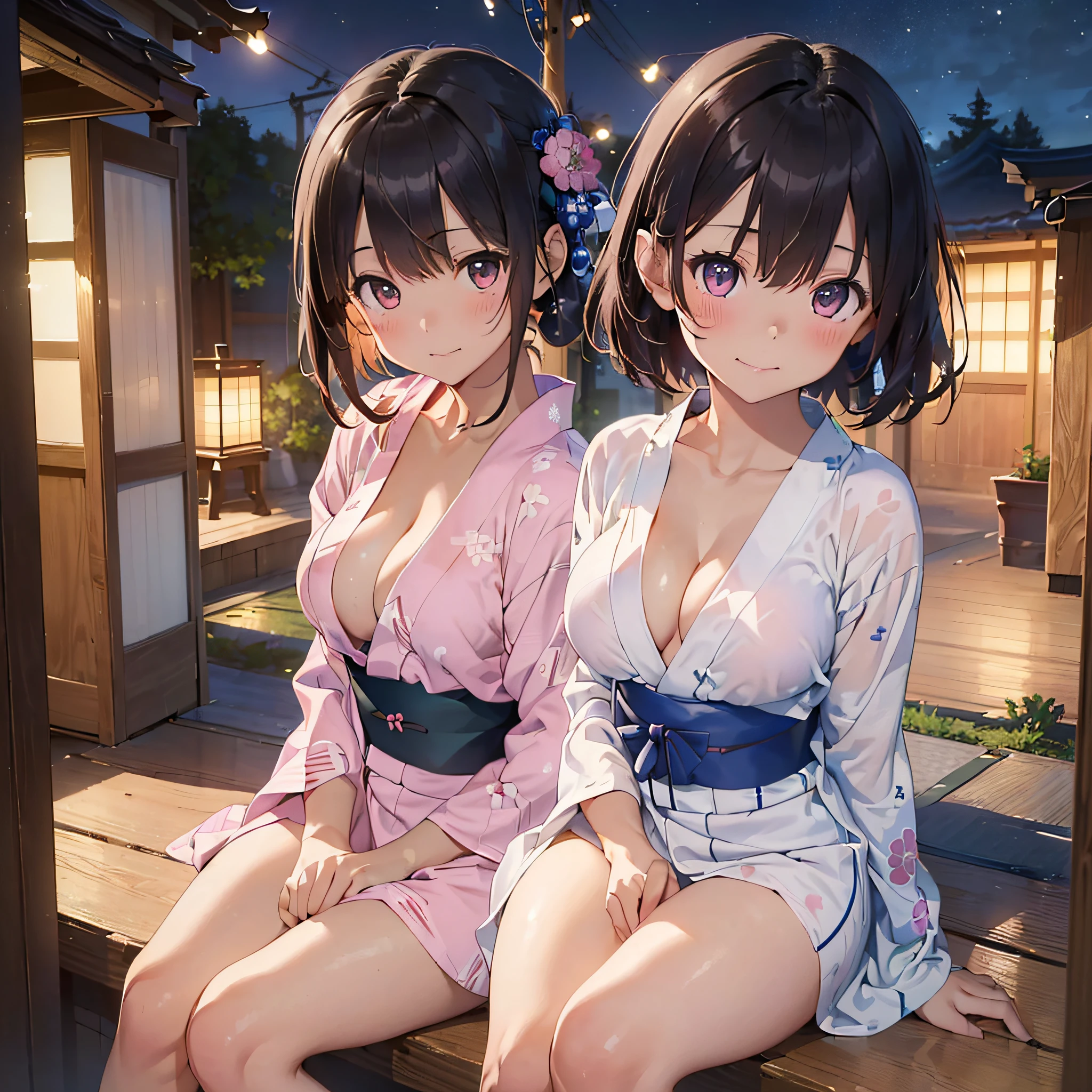 (masterpiece:2.0), (top-quality:2.0), (sitting naked:1.5), (extremely mini skirt extremely small pink yukata:1.5), (super thin fabric:1.5), (sexypose:1.5), (blushed face:1.3), (barechested:1.3), (realistic:1.5), 1 little girl, precise hands, Embarrassed look, light smile, Look at me and smile, extremely cute girl, innocent face, young face, Clear eyes, Shining eyes, small breast, (cleavage of the breast is visible:1.5), (the thighs is visible:1.5), The crotch is visible, No pubic hair, full body, The beautiful skin, ultra-definition, Top resolution, japan high school student, brown hair, at the night festival
