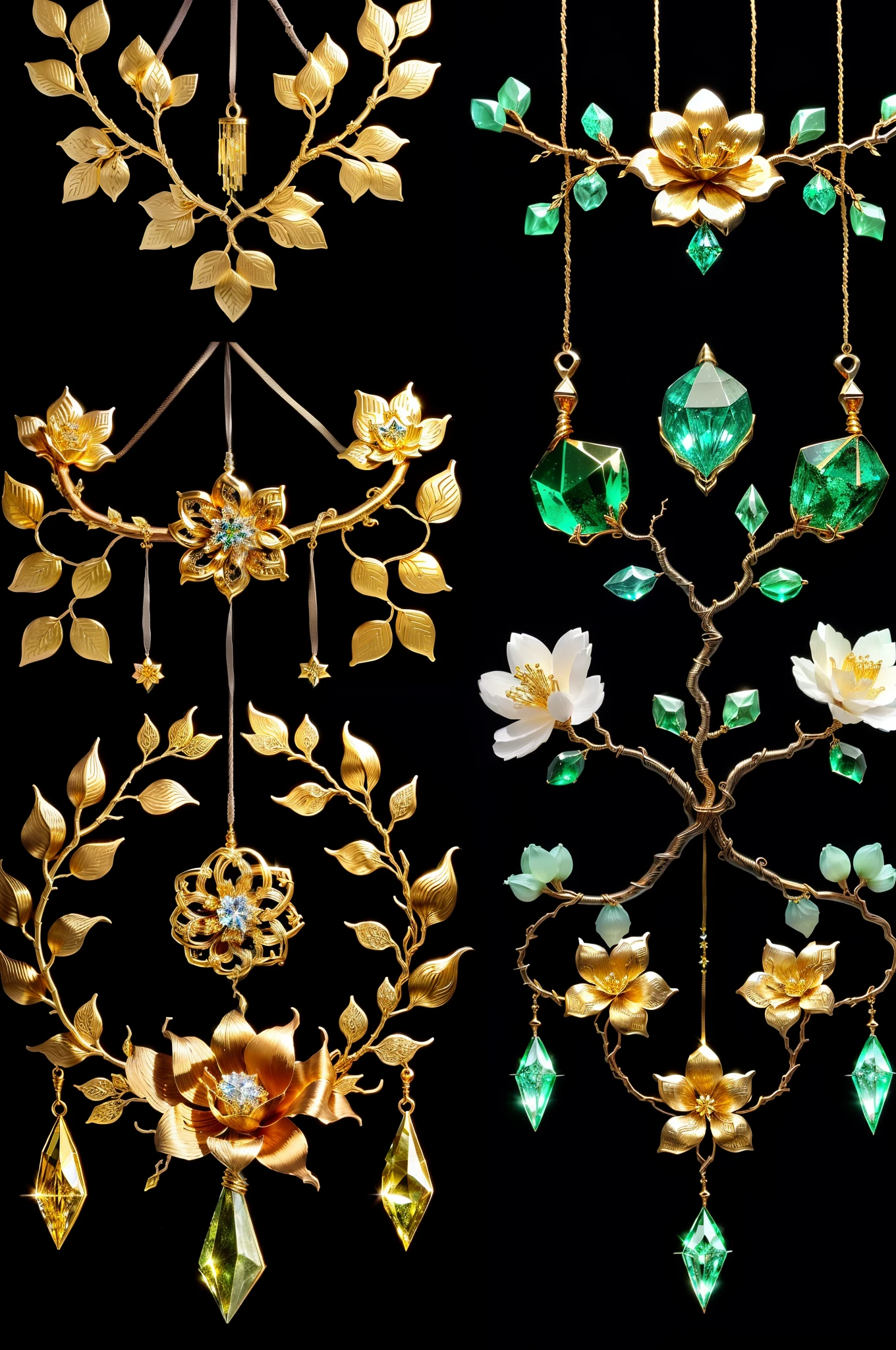 Crafts made from twisted gold wire,gold flowers,Iron flower,Silver flower,metal tree branch,a crystal pendant,Emerald setting,well-built,Perfect craftsmanship