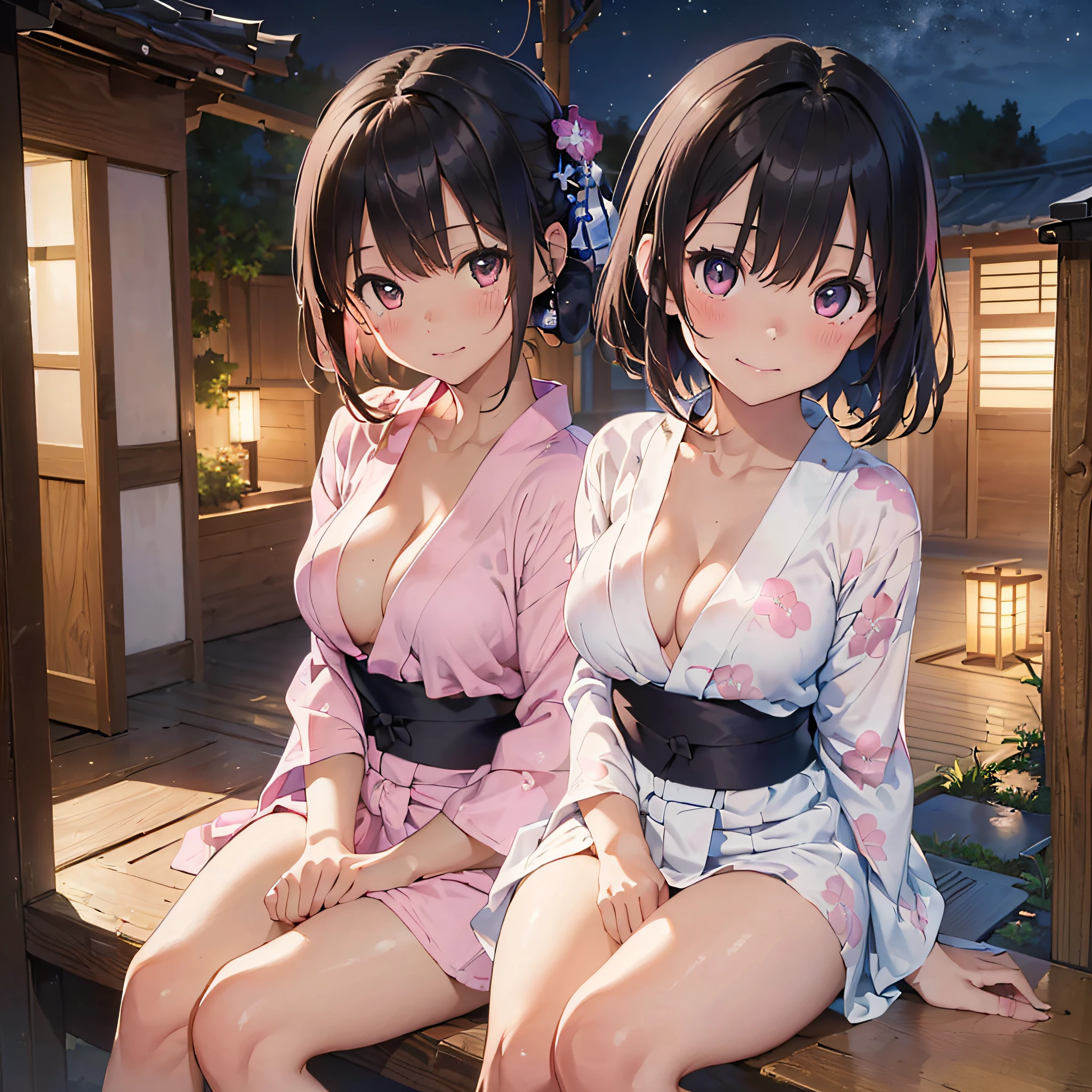 (masterpiece:2.0), (top-quality:2.0), (sitting naked:1.5), (extremely mini skirt extremely small pink yukata:1.5), (super thin fabric:1.5), (sexypose:1.5), (blushed face:1.3), (barechested:1.3), (realistic:1.5), 1 girl, precise hands, Embarrassed look, light smile, Look at me and smile, extremely cute girl, innocent face, young face, Clear eyes, Shining eyes, small breast, (cleavage of the breast is visible:1.5), (the thighs is visible:1.5), The crotch is visible, No pubic hair, full body, The beautiful skin, ultra-definition, Top resolution, japan high school student, brown hair, at the night festival