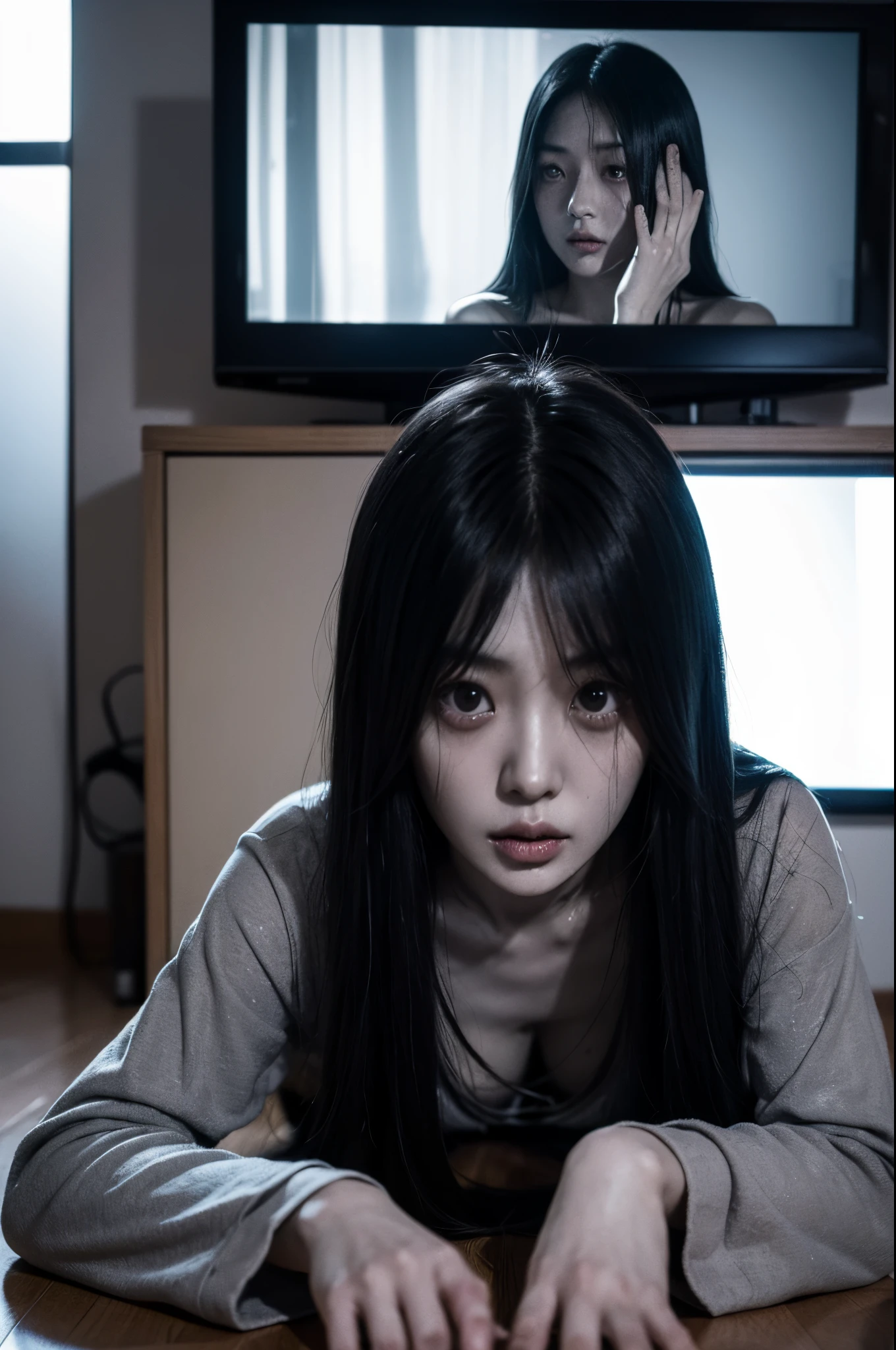 Sadako, soaking, wet robe, gray colored skin, Hair covers the face, sexy for.Sadako crawled out of the TV，A woman lying on the floor in front of the TV, japanese horror, style of hajime isayama, japanese horror movie footage, Junji Ito 4K, japanese pop surrealism