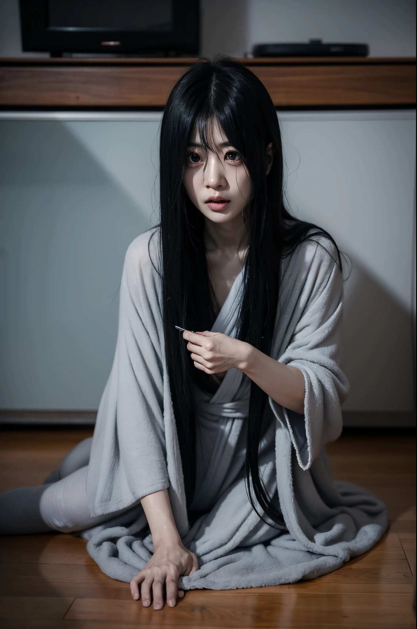 Sadako, soaking, wet robe, gray colored skin, Hair covers the face, sexy for.Sadako crawled out of the TV，A woman lying on the floor in front of the TV, japanese horror, style of hajime isayama, japanese horror movie footage, Junji Ito 4K, japanese pop surrealism