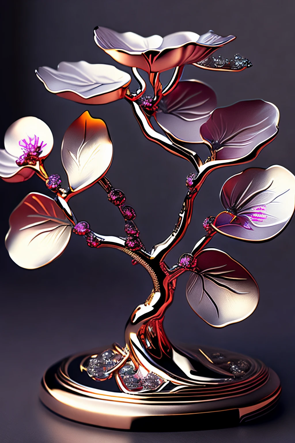 Artificial metal plum blossom， chrome plating, Meticulous and delicate depiction，sharp，Gorgeous and dynamic painting techniques, Professional flare lighting，4K Ultra HD, 超高分辨率, (Photorealistic: 1.4), Best quality，Masterpiece