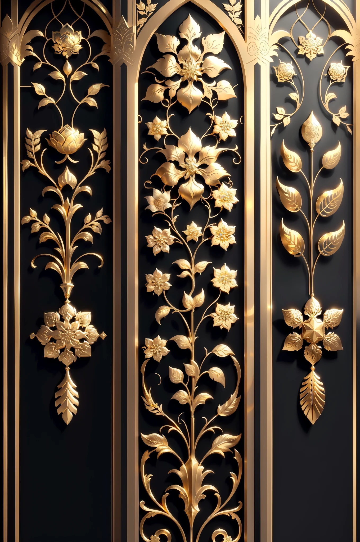 There is a metal wall grid sculpture,It has flowers and leaves on it, Decorative style, Fine detail gold brushstrokes, metal art, Gold and steel are complicated, Ultra-fine line decoration, with intricate detail, with intricate detail, sun light, be full of details, Wall of art, Stunningly detailed, Intricate art deco leaf design, gold flowers, metalworking, with intricate detail