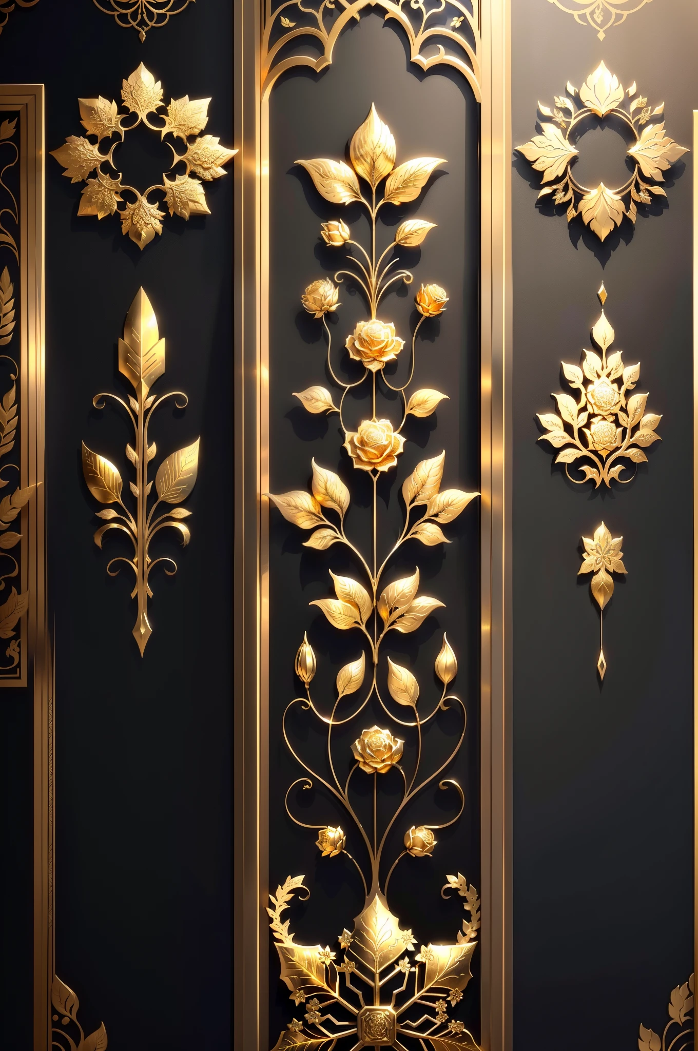 There is a metal wall grid sculpture,It has flowers and leaves on it, Decorative style, Fine detail gold brushstrokes, metal art, Gold and steel are complicated, Ultra-fine line decoration, with intricate detail, with intricate detail, sun light, be full of details, Wall of art, Stunningly detailed, Intricate art deco leaf design, gold flowers, metalworking, with intricate detail