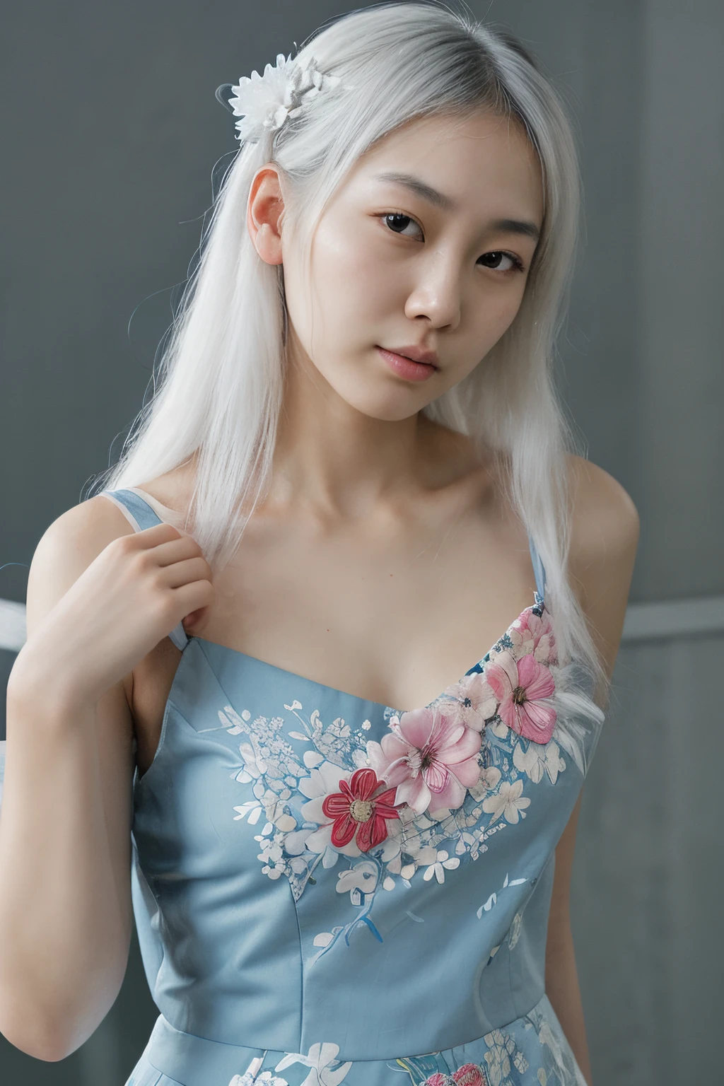 a close up of a woman in a waterfall, korean girl, gorgeous young korean woman, beautiful south korean woman, korean woman, beautiful young korean woman, korean women's fashion model, photo of slim girl model, attractive pose, floral dress, jaeyeon nam, tattoo girl, light white hair, verybadimagenegative_v1.3, ng_deepnegative_v1_75t, (ugly face:0.8),cross-eyed,sketches, (worst quality:2), (low quality:2), (normal quality:2), lowres, normal quality, ((monochrome)), ((grayscale)), skin spots, acnes, skin blemishes, bad anatomy, DeepNegative, facing away, tilted head, {Multiple people}, lowres, bad anatomy, bad hands, text, error, missing fingers, extra digit, fewer digits, cropped, worstquality, low quality, normal quality, jpegartifacts, signature, watermark, username, blurry, bad feet, cropped, poorly drawn hands, poorly drawn face, mutation, deformed, worst quality, low quality, normal quality, jpeg artifacts, signature, watermark, extra fingers, fewer digits, extra limbs, extra arms,extra legs, malformed limbs, fused fingers, too many fingers, long neck, cross-eyed,mutated hands, polar lowres, bad body, bad proportions, gross proportions, text, error, missing fingers, missing arms, missing legs, extra digit, extra arms, extra leg, extra foot, ((repeating hair))