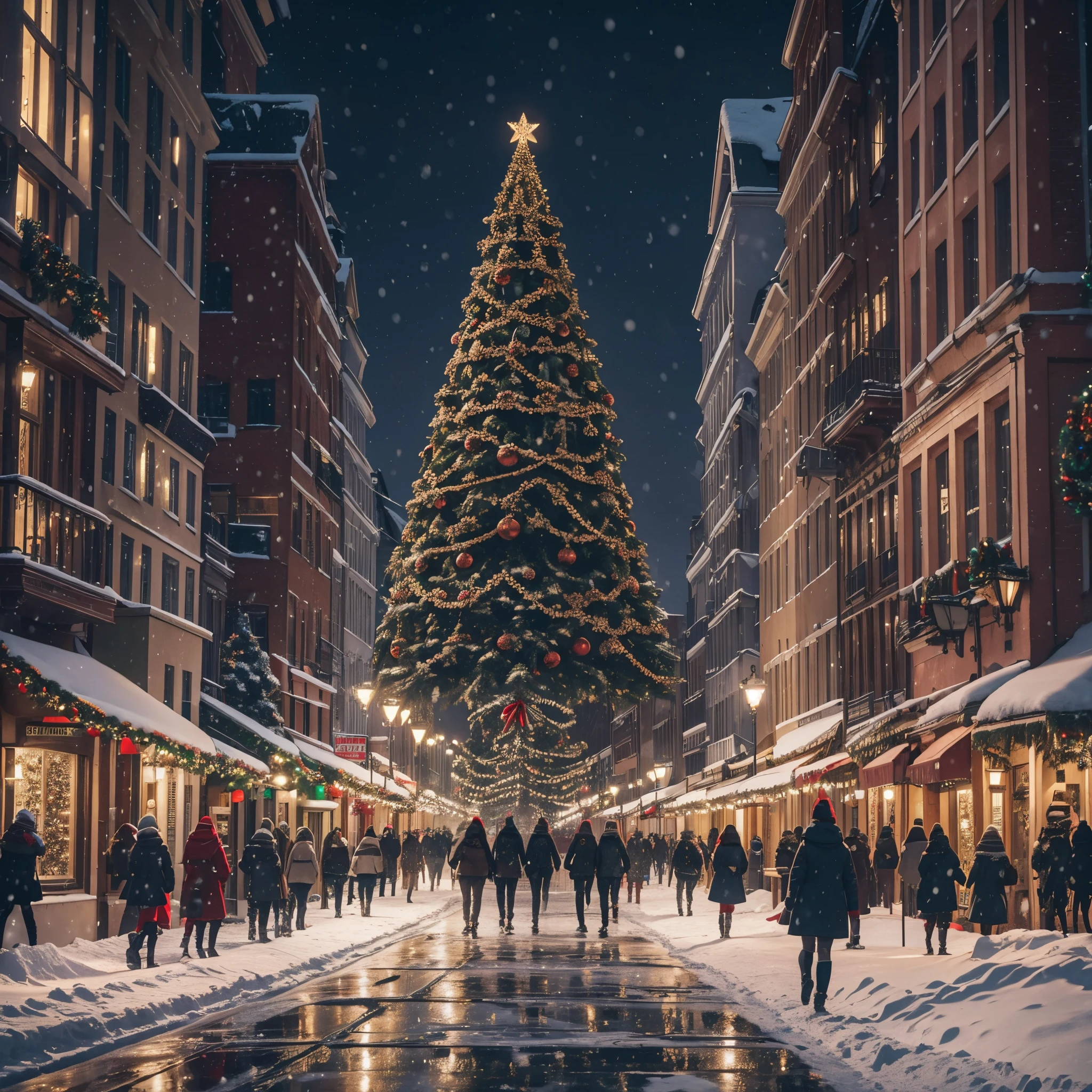 Christmas, 8k, ultra detailed , best quality, urban city, christmas decoration, christmas attire, busy people walking, fairies flying around, elves walking around,  snow, winter, beatiuful snowflakes, ice melting covered street reflecting the city