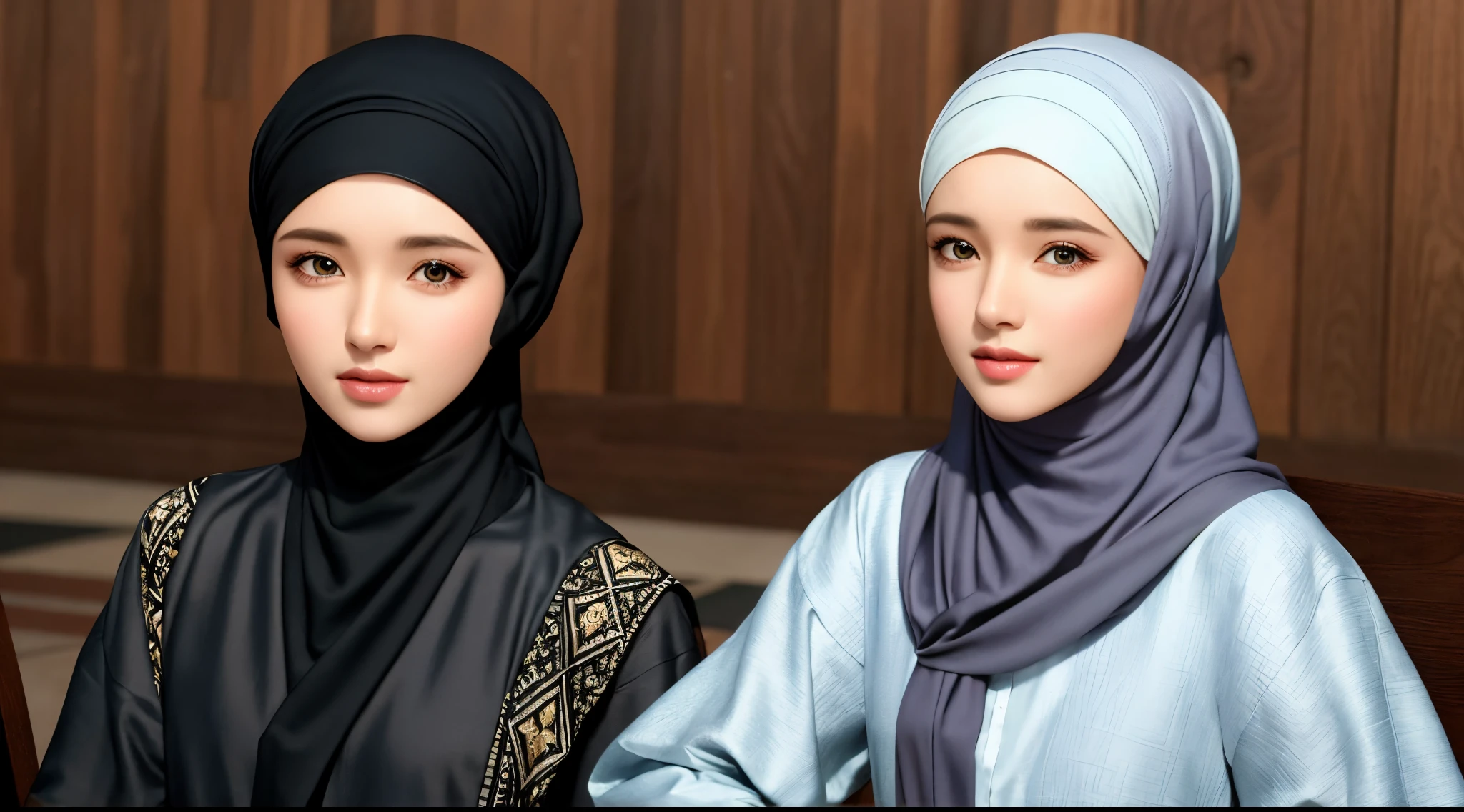 1 woman, solo, beautiful face, high detailed realistic eyes, double eyelids, high detailed realistic pupils, upon body from head to waist, (wearing hijab:1.2), (moslem headscarf:1.2), sitting on a long chair at the amazing mosque