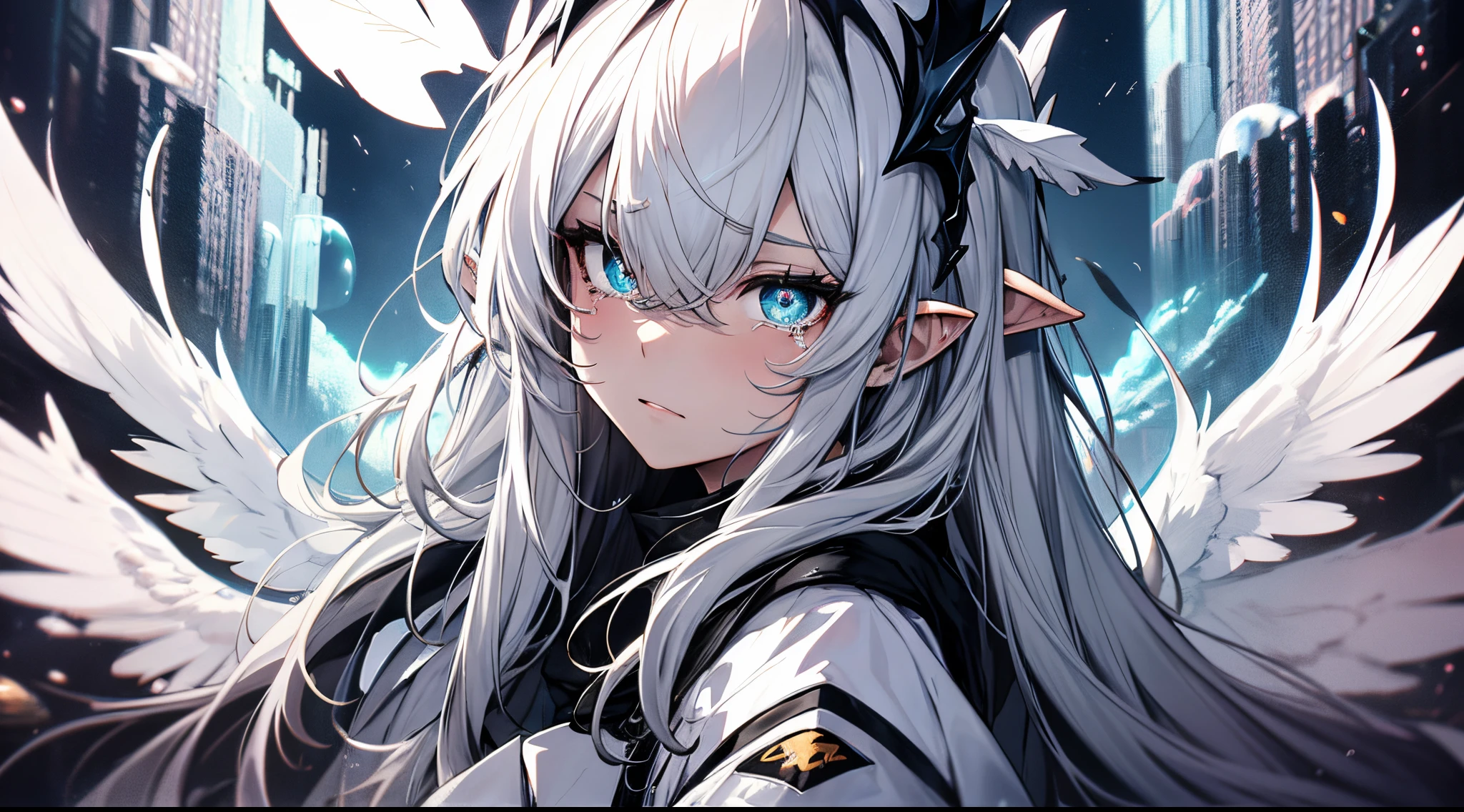 ((tmasterpiece:1.4,Best quality)),(hyper-detailing),(Ultra-detailed eyes),(black colored leggings:1.5),dark halo,(pointy ears,Winged ears:1.5)
(cute girls),ar old,(Dark green pupils,diamond-shaped pupils:1.15),purple eyeshadow,(green long hair,Bushy hair,shinny hair:1.5)(wariza:1.2),pale-skinned,be desperate,grieves,vacant eyes,streaming tears,tear drops,tilting its head to the side,
(She is wearing a white coat,Green skirt,:1.5),(Blue gloves:1.4)Very long plush sleeves,locks,The white,baiyun,Dream bubbles ,black fingernails,Green wings,black apples,
(long snake tail:1.1),
(dawn light:1.2),
(Thick black and white:1.16),(depth of fields:1.4),Complicated details、