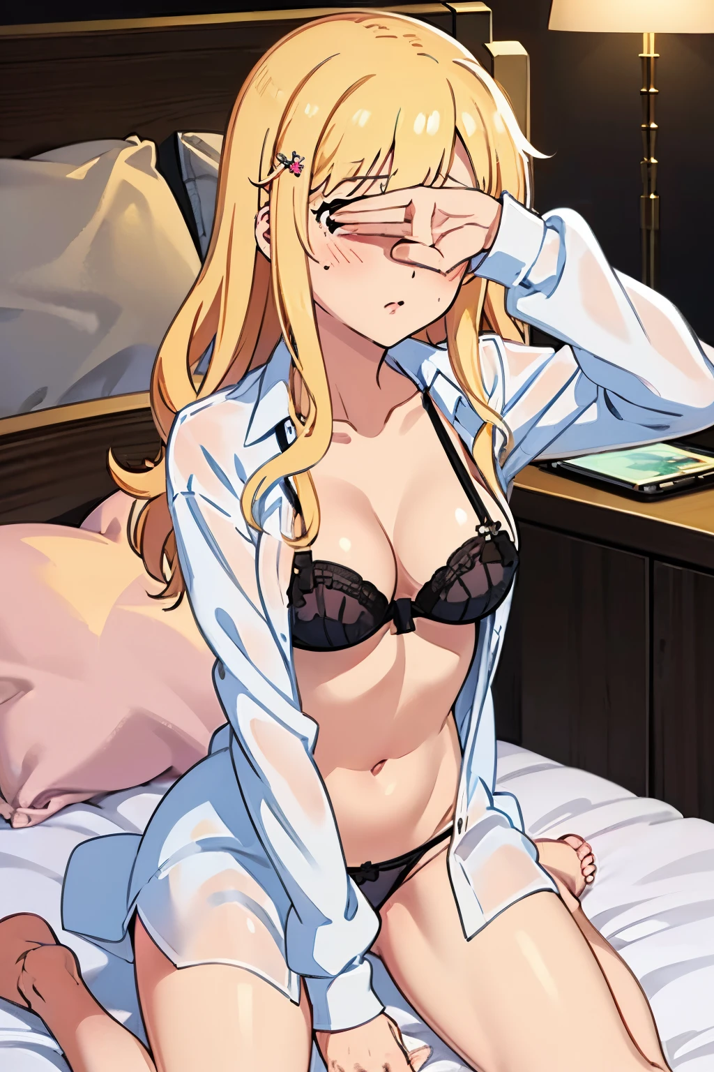 covering eyes,covering_own_eyes,nsfw,Ohtsuki Yui,long hair,blonde hair,wavy hair,Covering face,raise arm, underwear, solo, breasts, bra, shirt, panties, sitting, wariza, navel, hair ornament, black bra, black panties, white shirt,blush,hairclip, on bed,collarbone,open shirt, open clothes, covering face, barefoot, long sleeves, pillow, indoors, condom, medium breasts, cleavage, condom wrapper, blurry, bed, phone, thighs, stomach,hand_over_eye