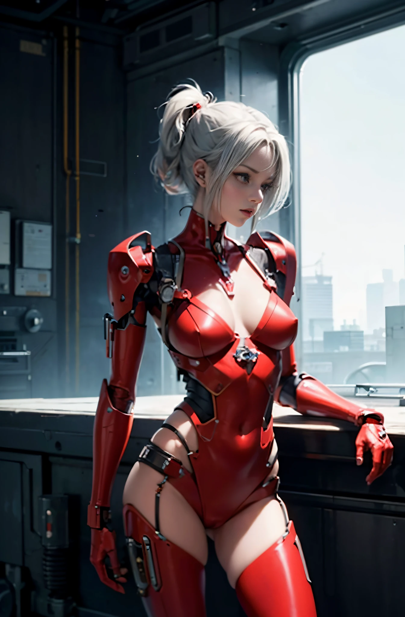 1girl in,Beautiful girl with red cyborg body,cool expression,Accurately drawn face,Silver-haired shorthair,headband made from mechanical parts,her ears are mechanical,A slender,tre anatomically correct,Precise cyborg body made of red metal parts and mechanical parts.,Joints are mechanical,Glowing parts,precision mechanical fingers,cables,Western Shot,Knee up,In the factory of the future,​masterpiece,hiquality,precise,