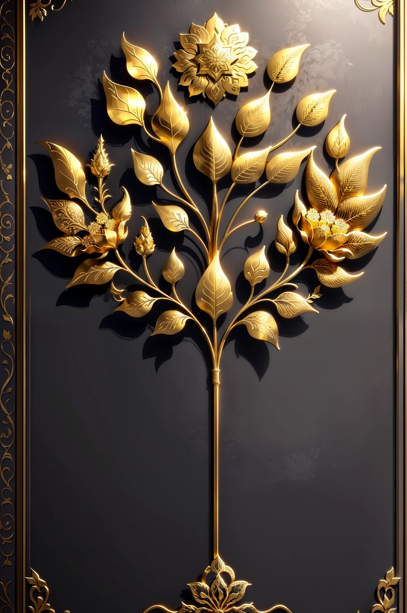 There is a metal wall sculpture，It has flowers and leaves on it, Decorative style, Fine detail gold brushstrokes, metal art, Gold and steel are complicated, Ultra-fine line decoration, with intricate detail, with intricate detail, sun light, be full of details, Wall of art, Stunningly detailed, Intricate art deco leaf design, gold flowers, metalworking, with intricate detail