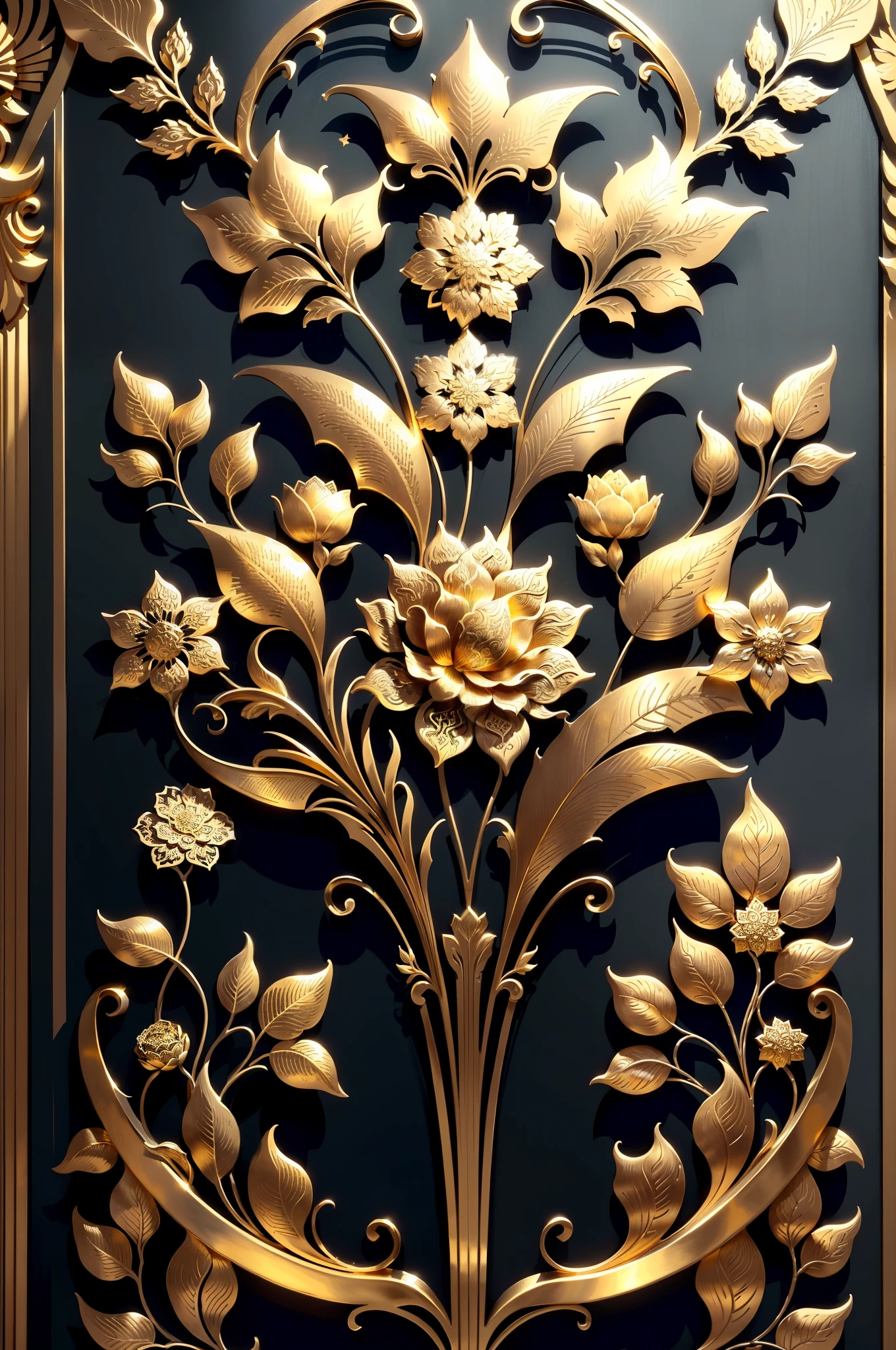 A close up of a decorative gold flower on a black wall - SeaArt AI